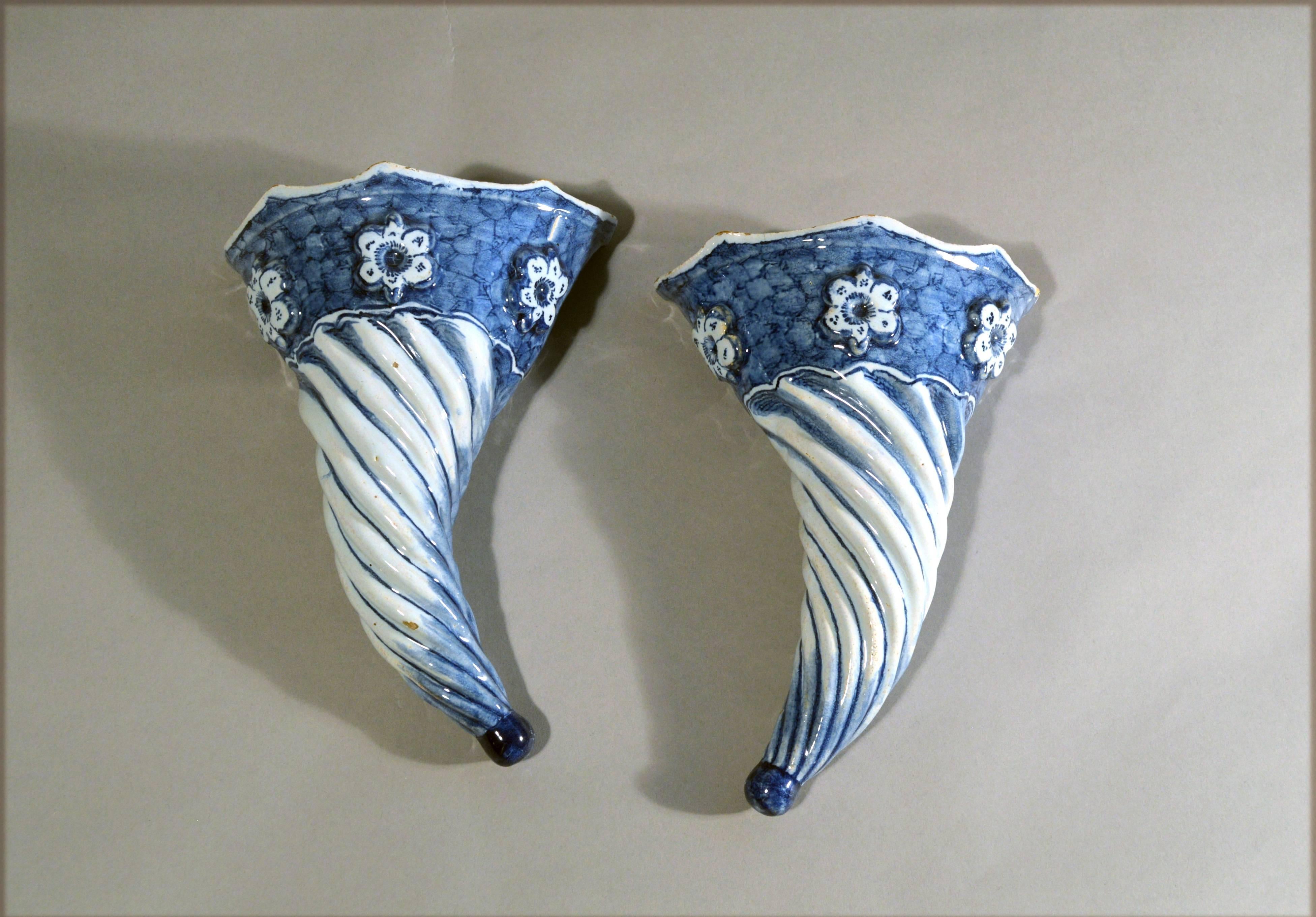 Georgian Blue and White Spiral Liverpool Delftware Wall Pockets