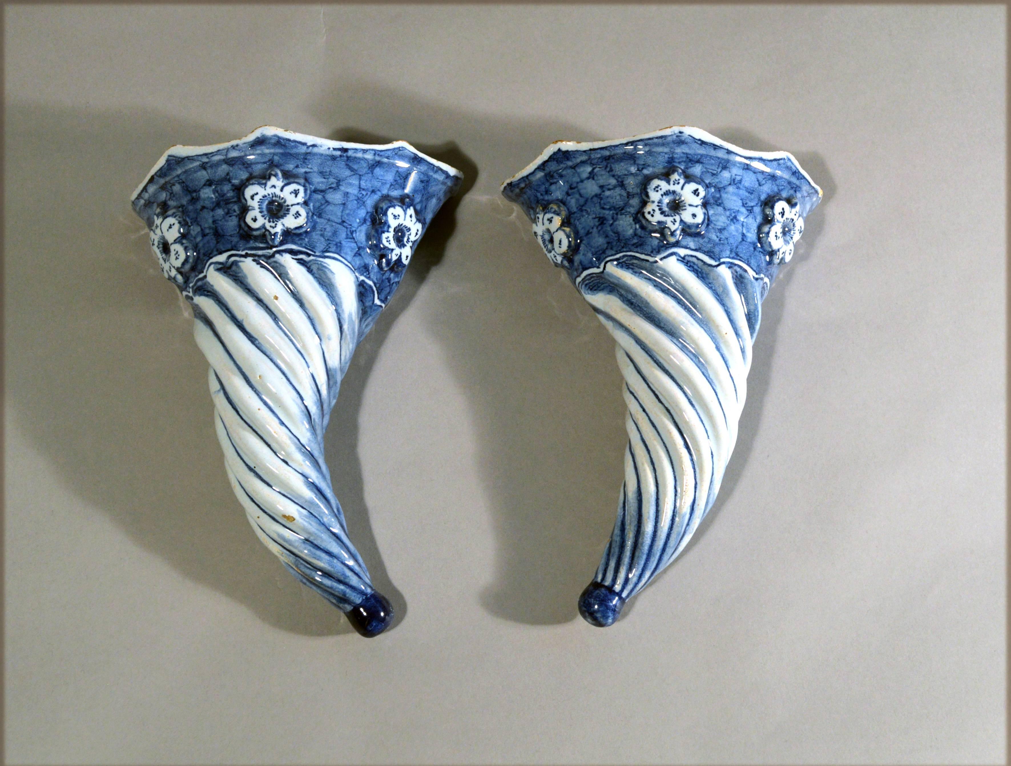 English Blue and White Spiral Liverpool Delftware Wall Pockets