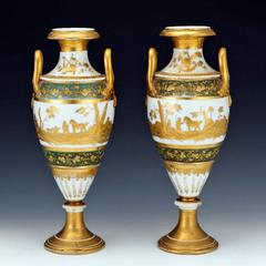 Pair of Paris Green and Gilt Porcelain Hunting Vases