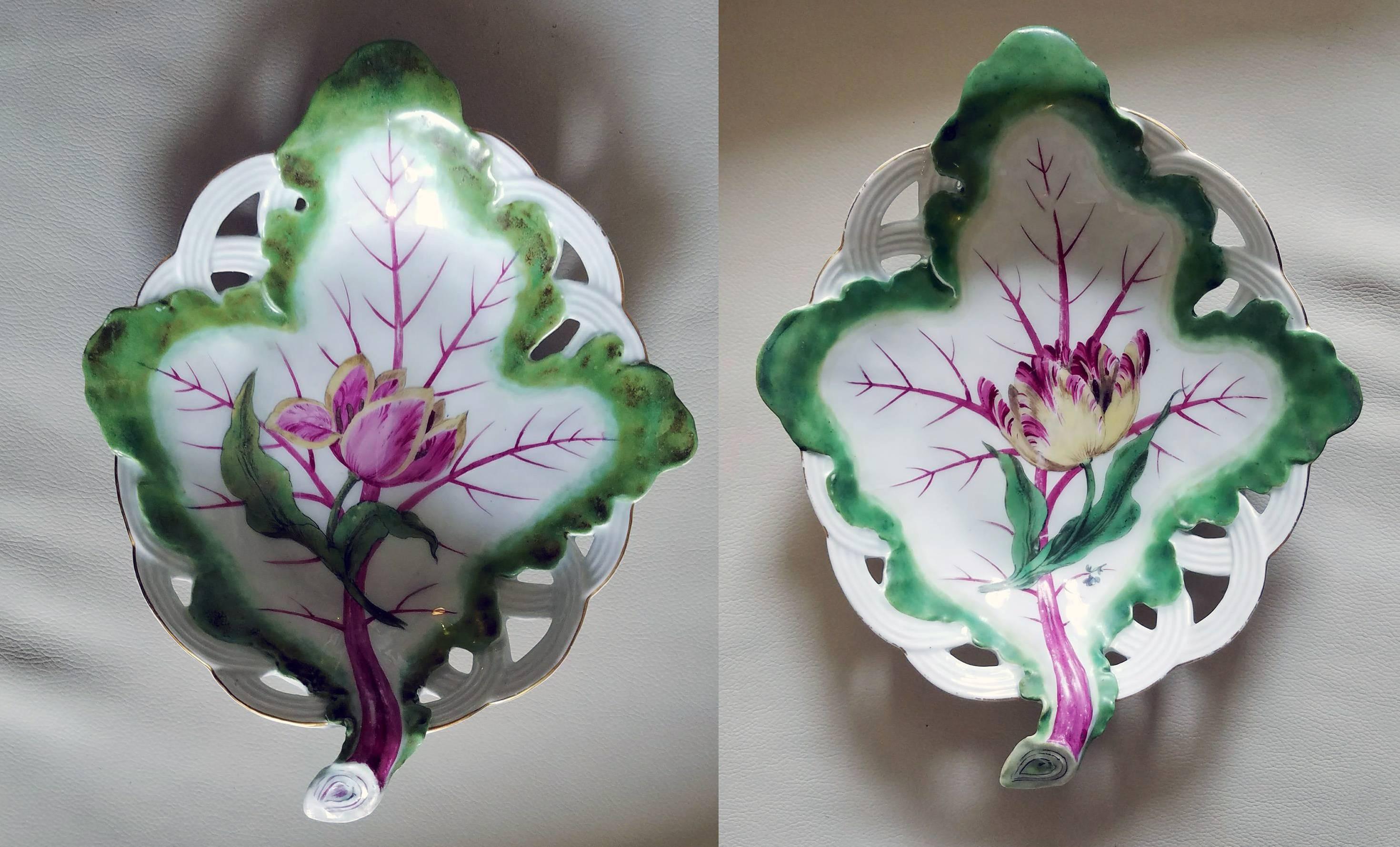 English Georgian Period Chelsea Porcelain Pair of Tromp L'oeil Leaf Dishes with Tulips