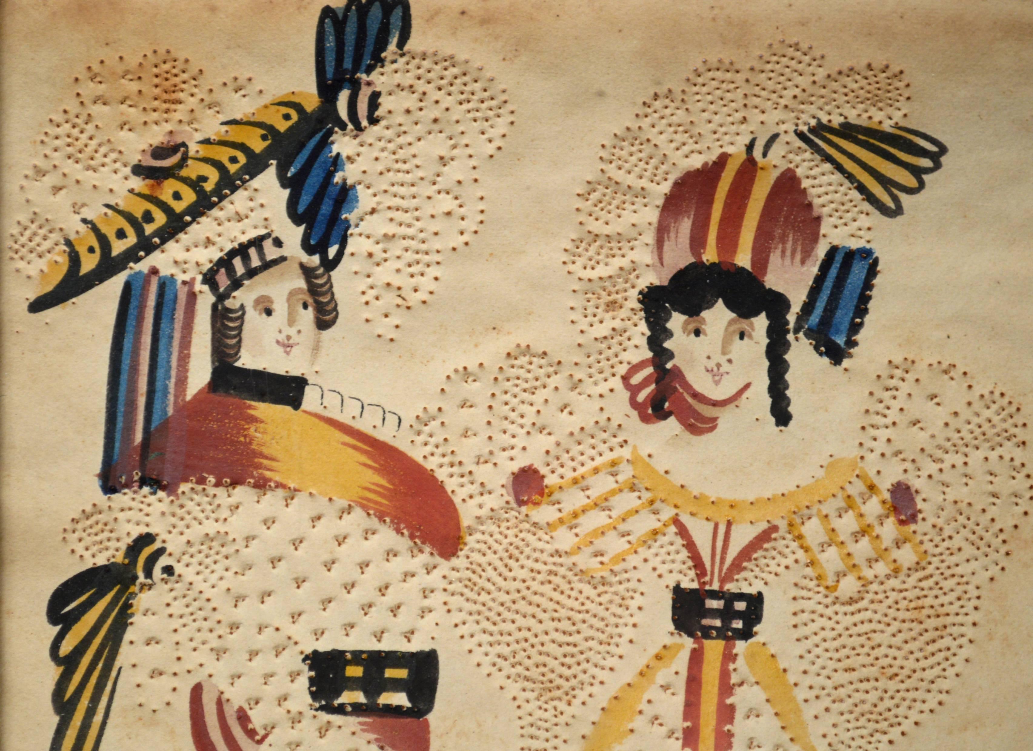 Charming American or Continental pin-prick painting of a happy couple, 19th century.

The picture depicts a young officer and his female companion. The pictures was created with watercolor and highlighted by pricking the paper. 
These pictures