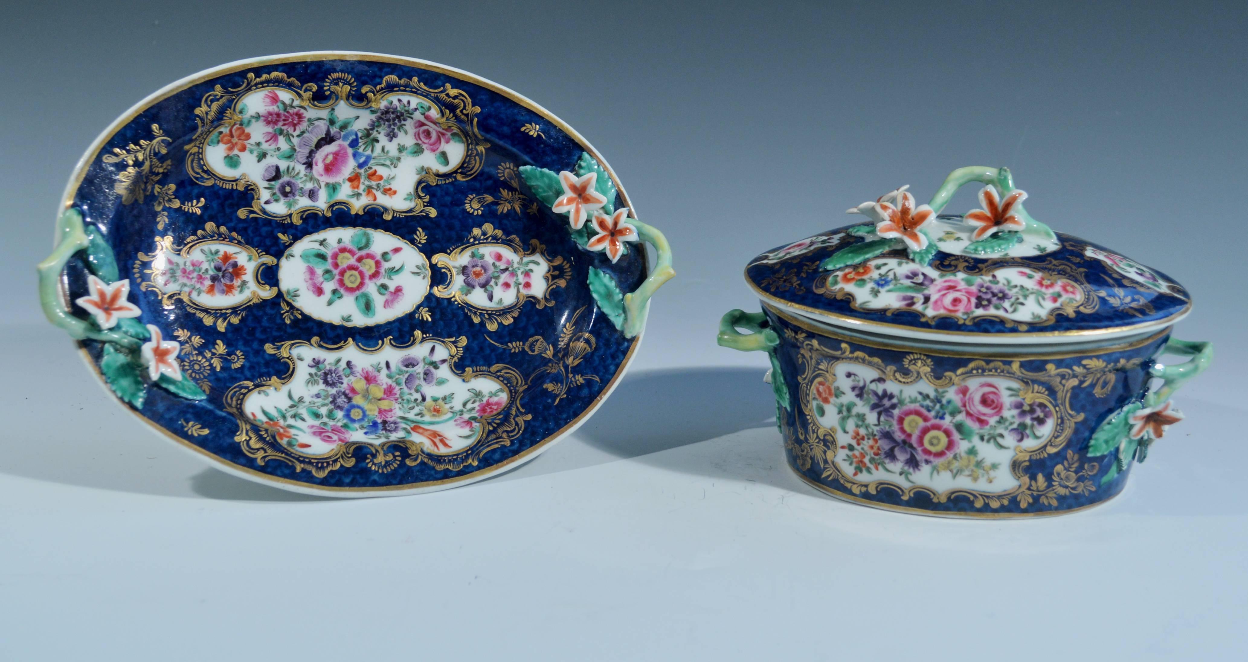 Georgian 18th Century First Period Worcester Porcelain Blue Scale Botanical Sauce Tureens
