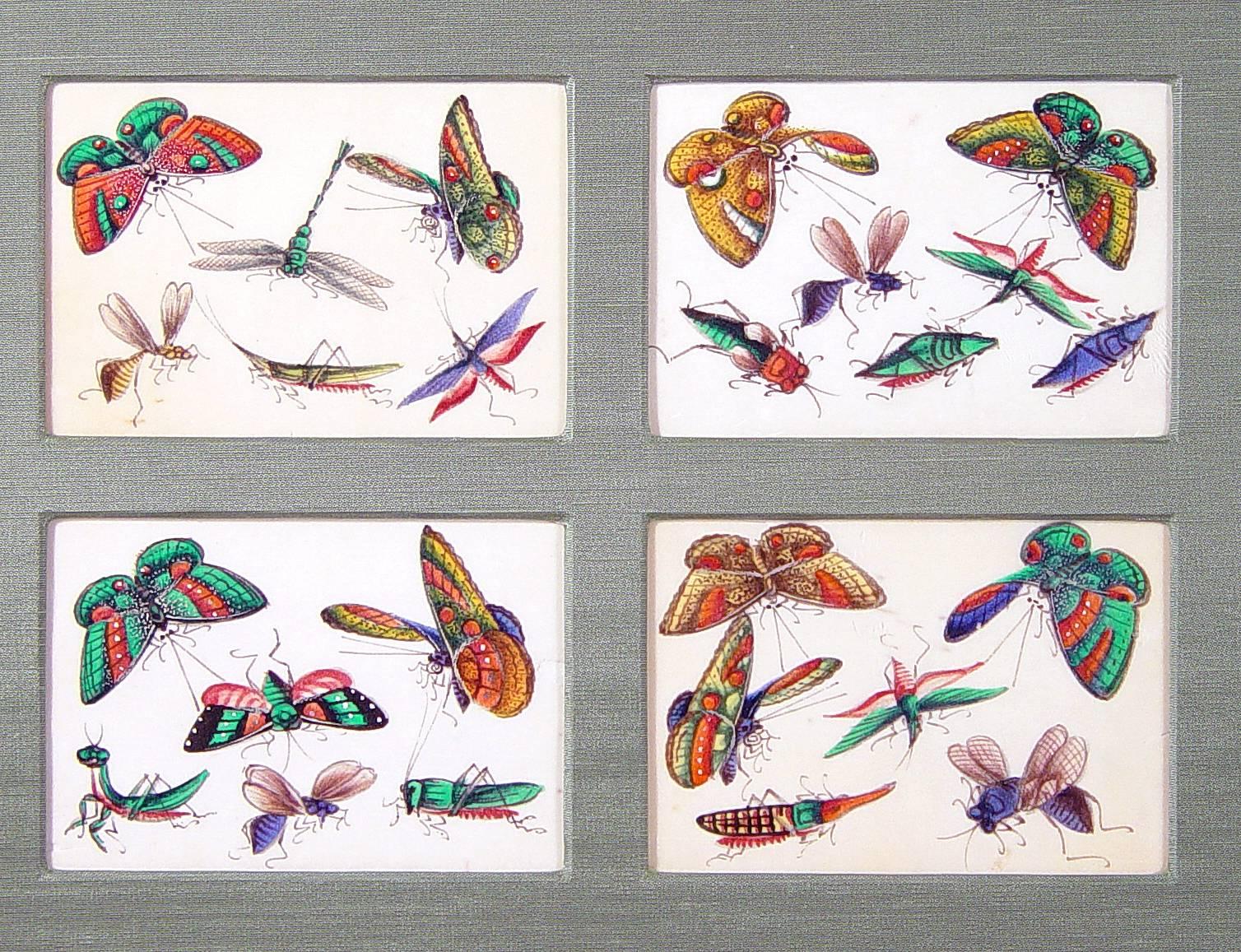 Hand-Painted Three China Trade Picture Groupings of 12 Miniature Paintings of Butterflies