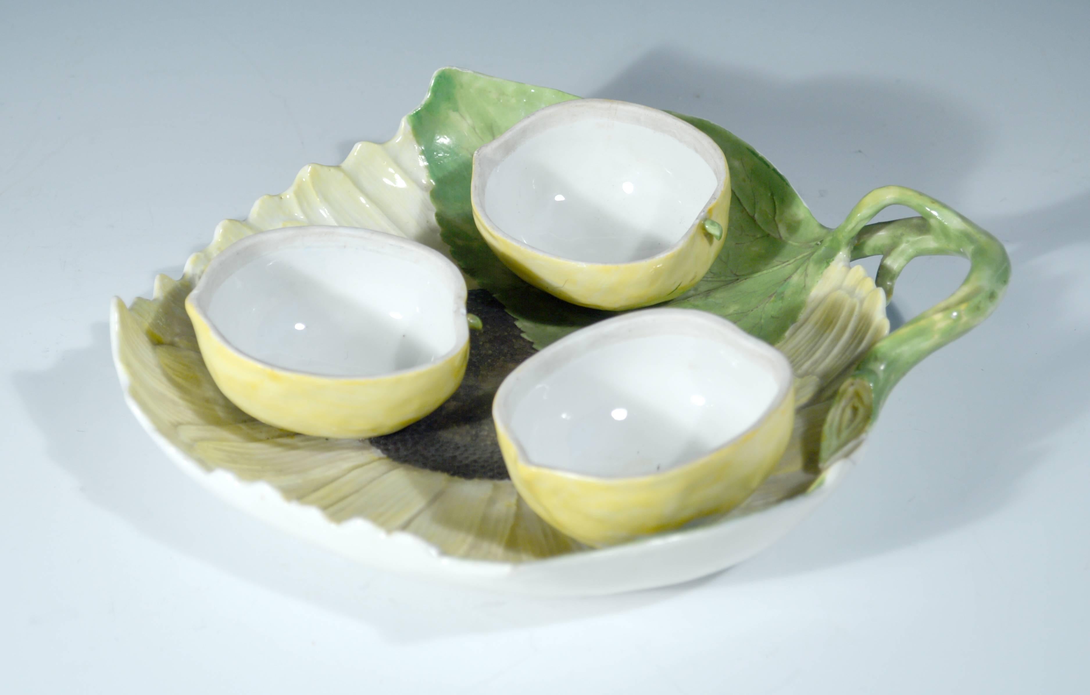 German Meissen Porcelain Sunflower-Form Dish with Three Attached Lemon Boxes and Covers