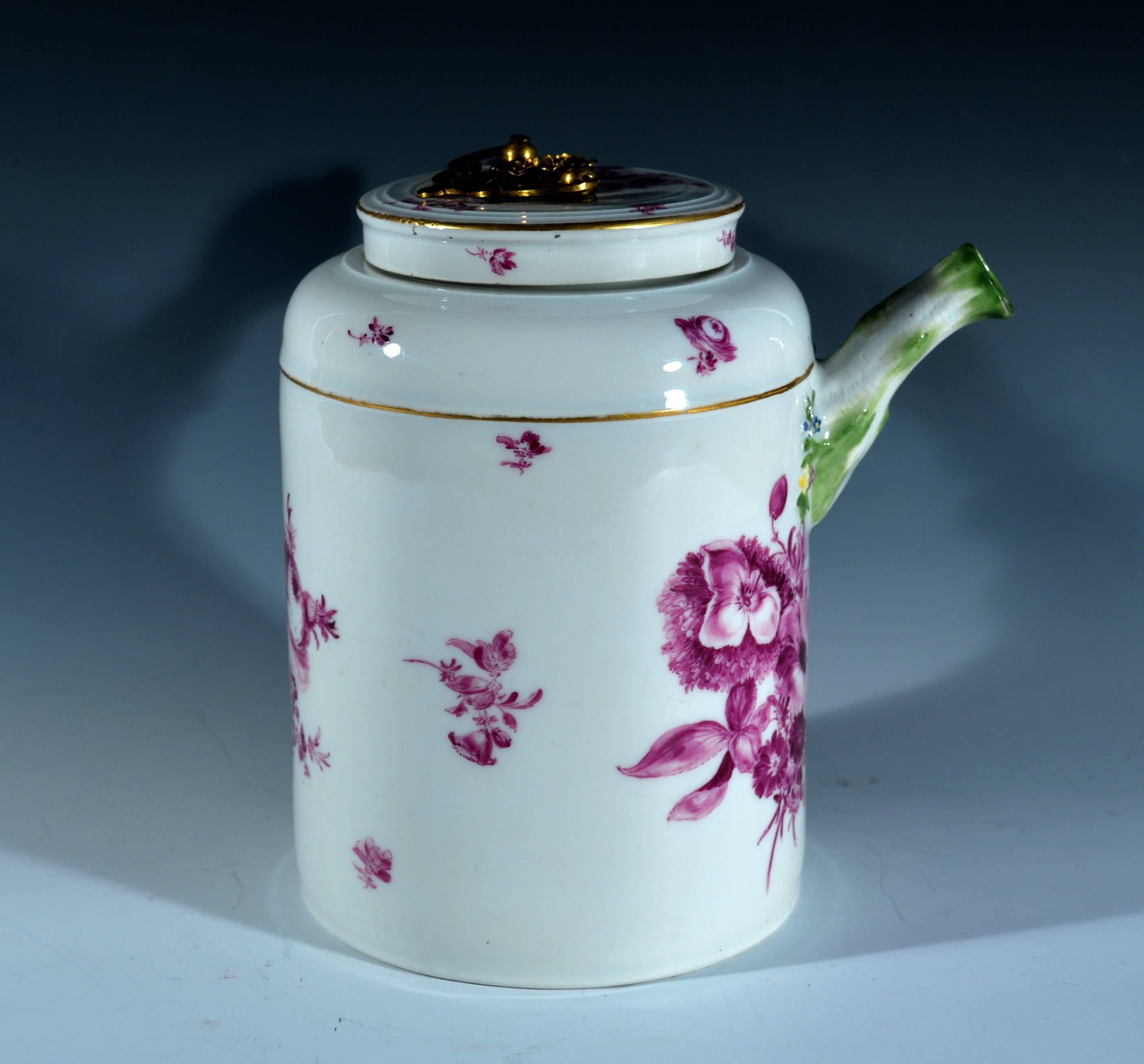 Georgian Meissen Porcelain Gilt-Metal Mounted Chocolate Pot and Cover
