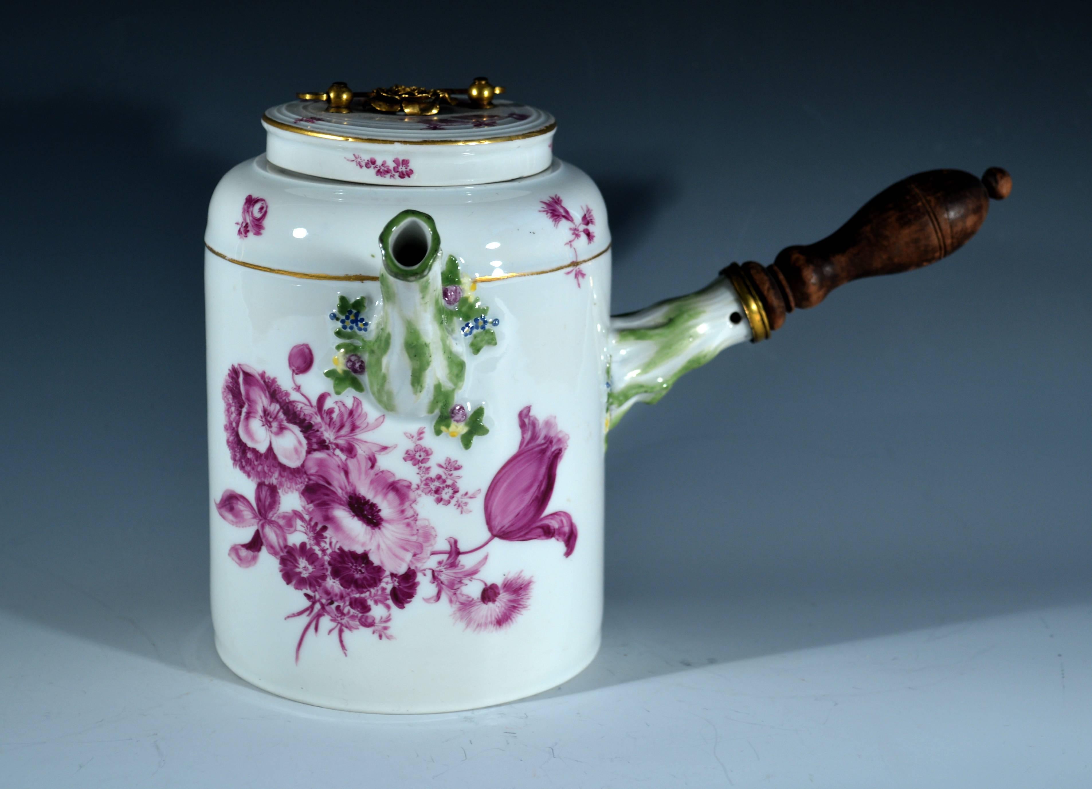 Meissen Porcelain Gilt-Metal Mounted Chocolate Pot and Cover In Good Condition In Downingtown, PA