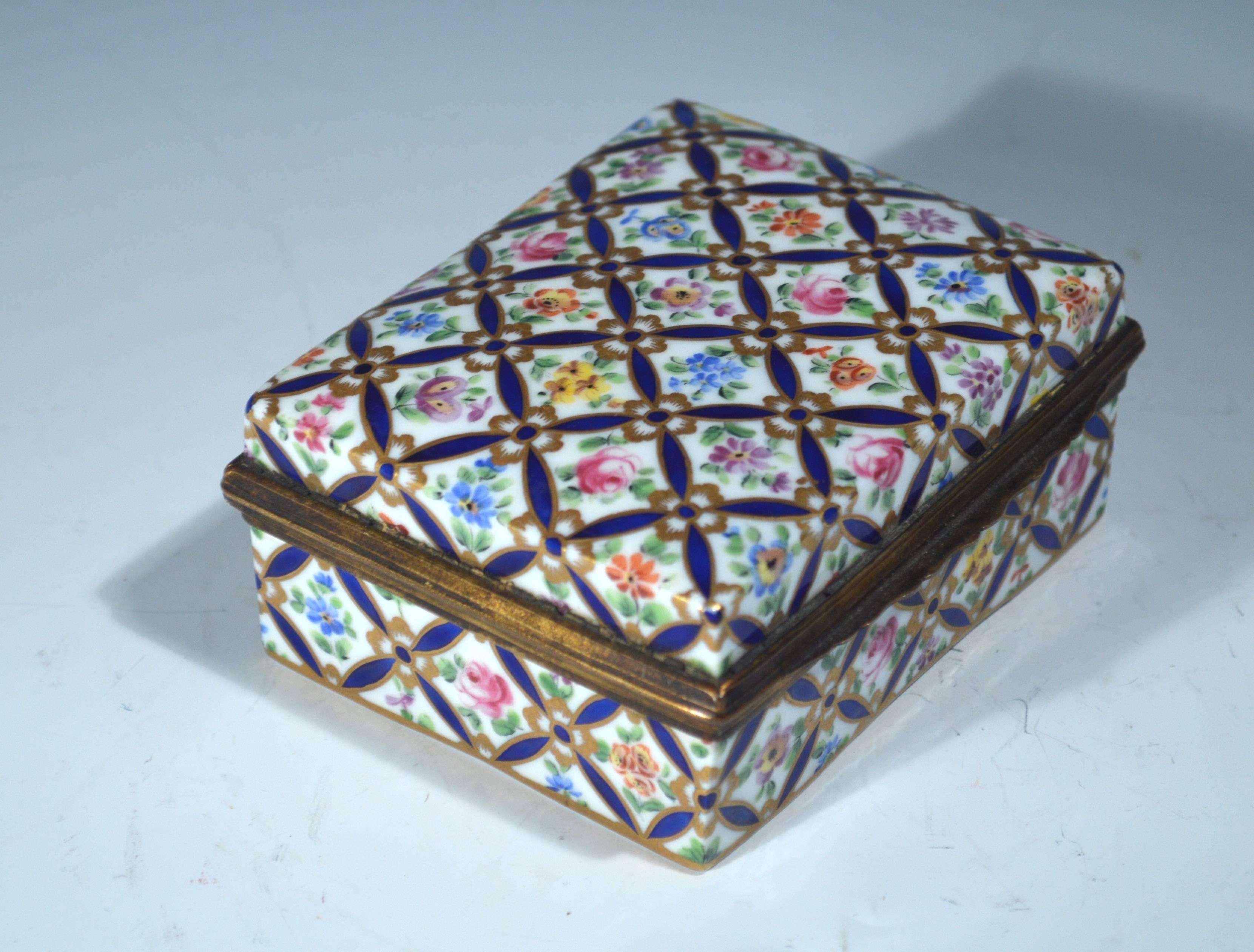 Mounted French porcelain box and cover, 
circa 1880-1900

The rectangular gilt-metal mounted box in the Serves-style painted with a blue trellis design with different flowers in each panel.

Dimensions: 1 3/4 inches x 4 inches x 3 1/4 inches.