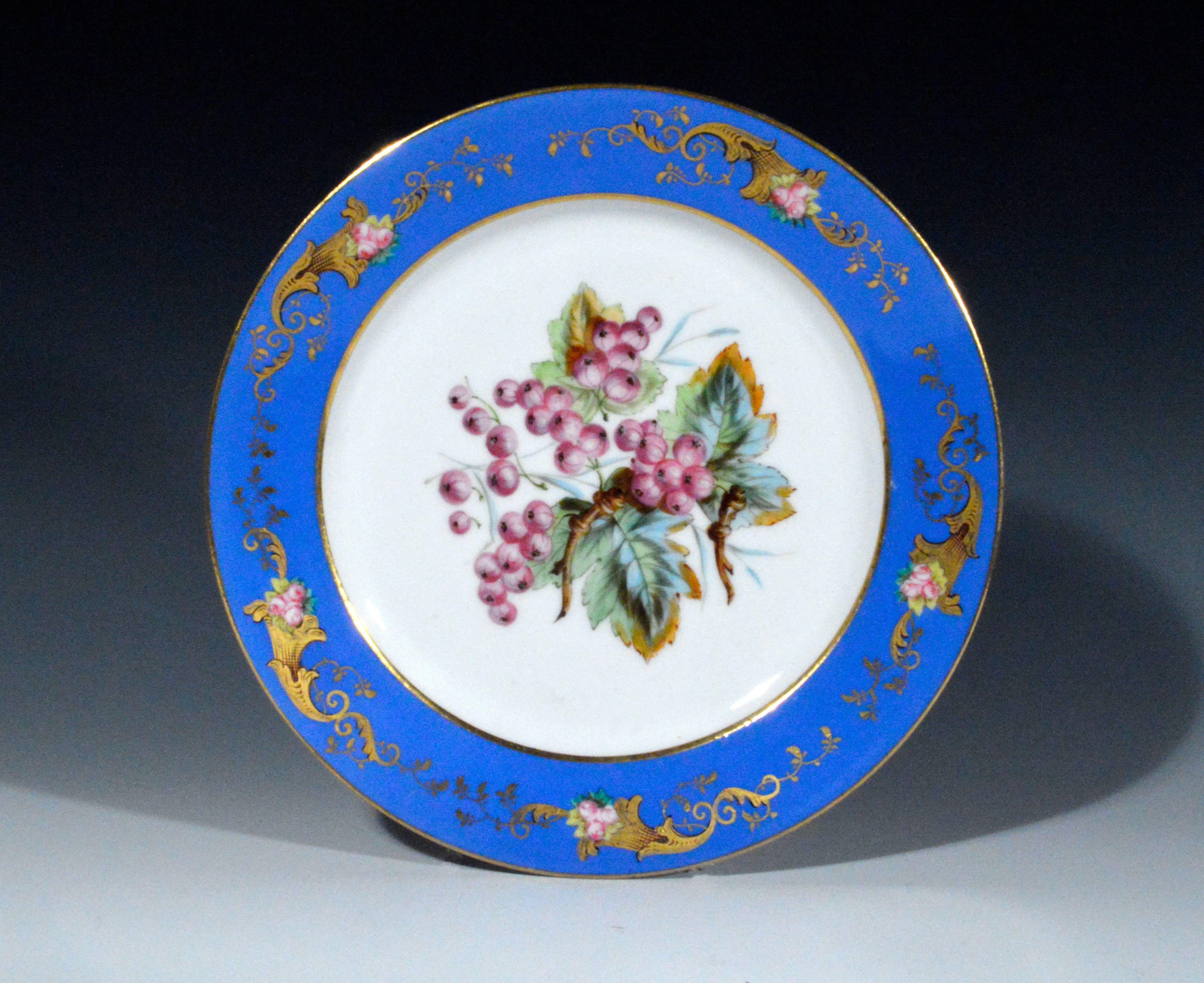19th Century Paris Porcelain Set of Six Botanical and Fruit-Decorated Plates