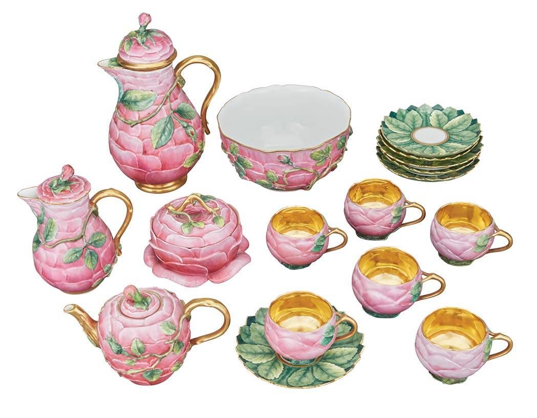 19th Century German Porcelain Trompe L'oeil Rose Tea Service, Attributed to Meissen