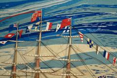 Sailor's Woolwork of Four Ships Including Fully Dressed Battle Ship, circa 1865