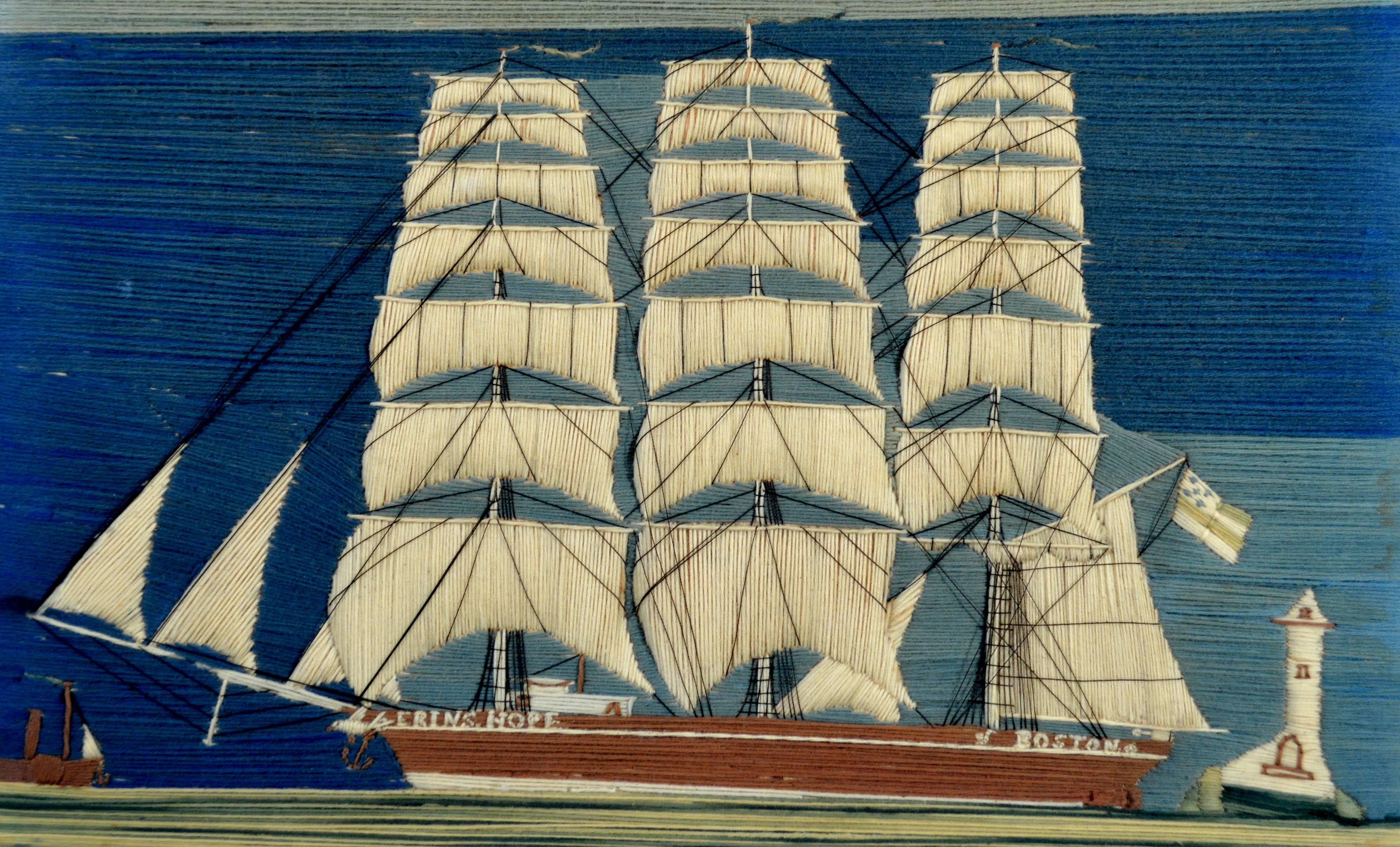 Folk Art Sailor's woolwork or woolie of a clipper ship,
named Erin's Hope Boston,
Possibly American, 
circa 1870s

The folky sailor's woolwork is named the Erins Hope and Boston is found on its stern. The wool depicts a clipper ship with seven