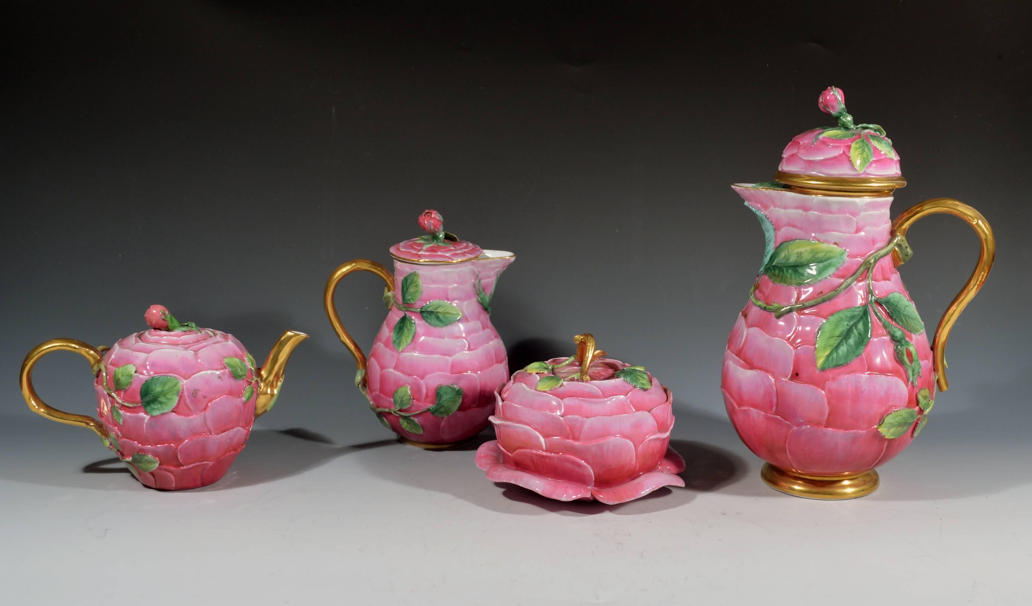 German Porcelain Trompe L'oeil Rose Leaf Tea Service, 19th Century 1