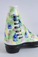 Pottery Pearlware Sponged Spirit Flasks Modeled in Form of Boots, Scottish