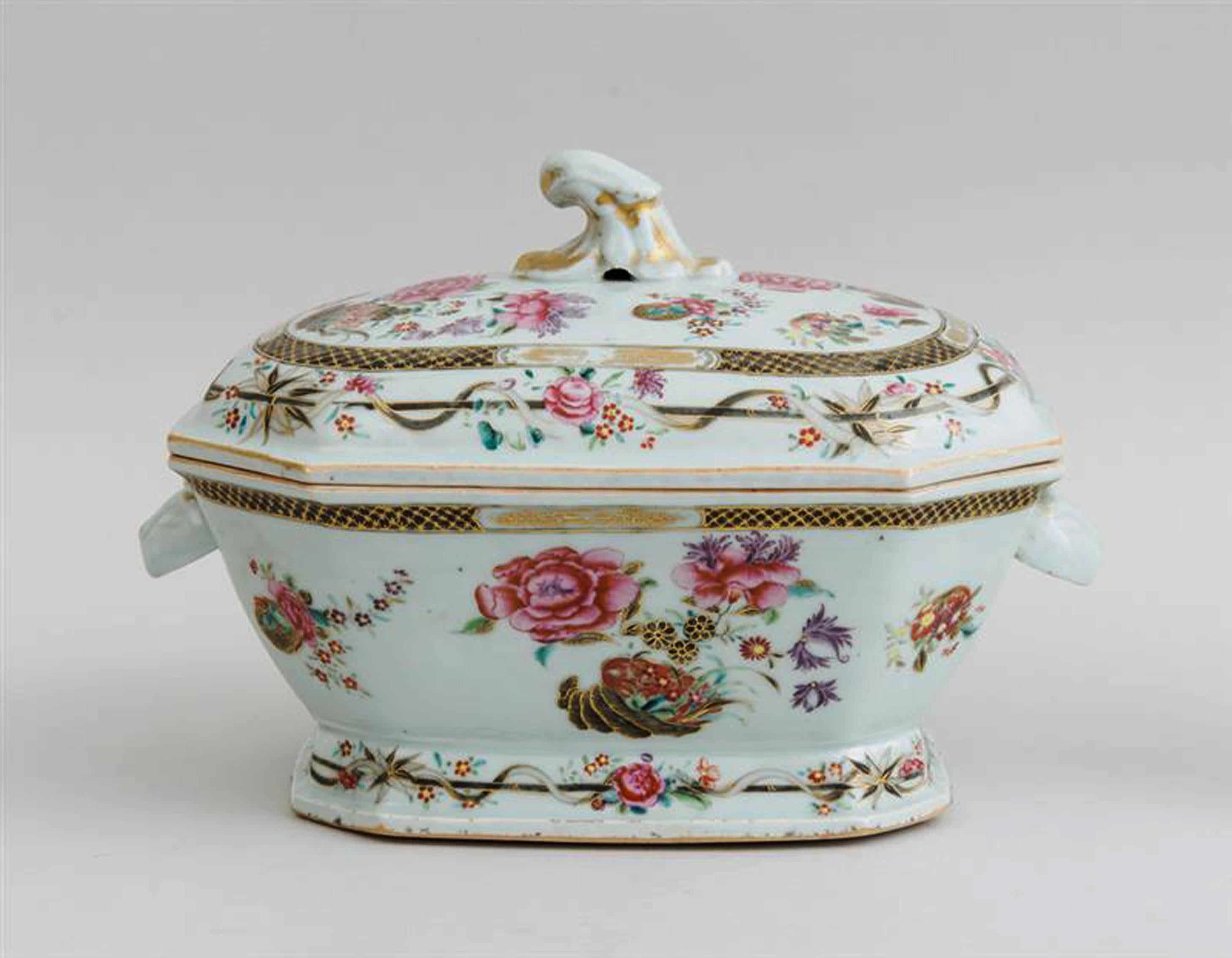 Mid-18th Century Chinese Export Porcelain Famille Rose Soup Tureen, Cover and Stand, Circa 1765