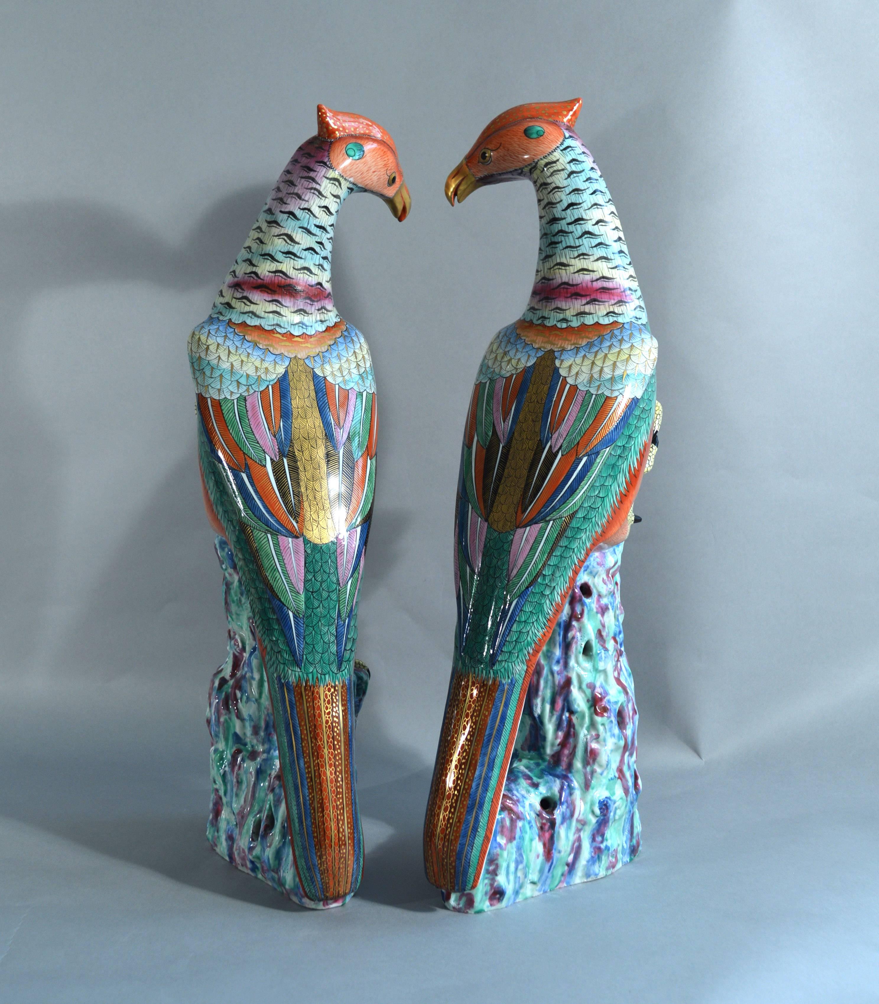 Pair of large Chinese export porcelain figures of Pheasants. 

The life-like large porcelain figures depict bright 