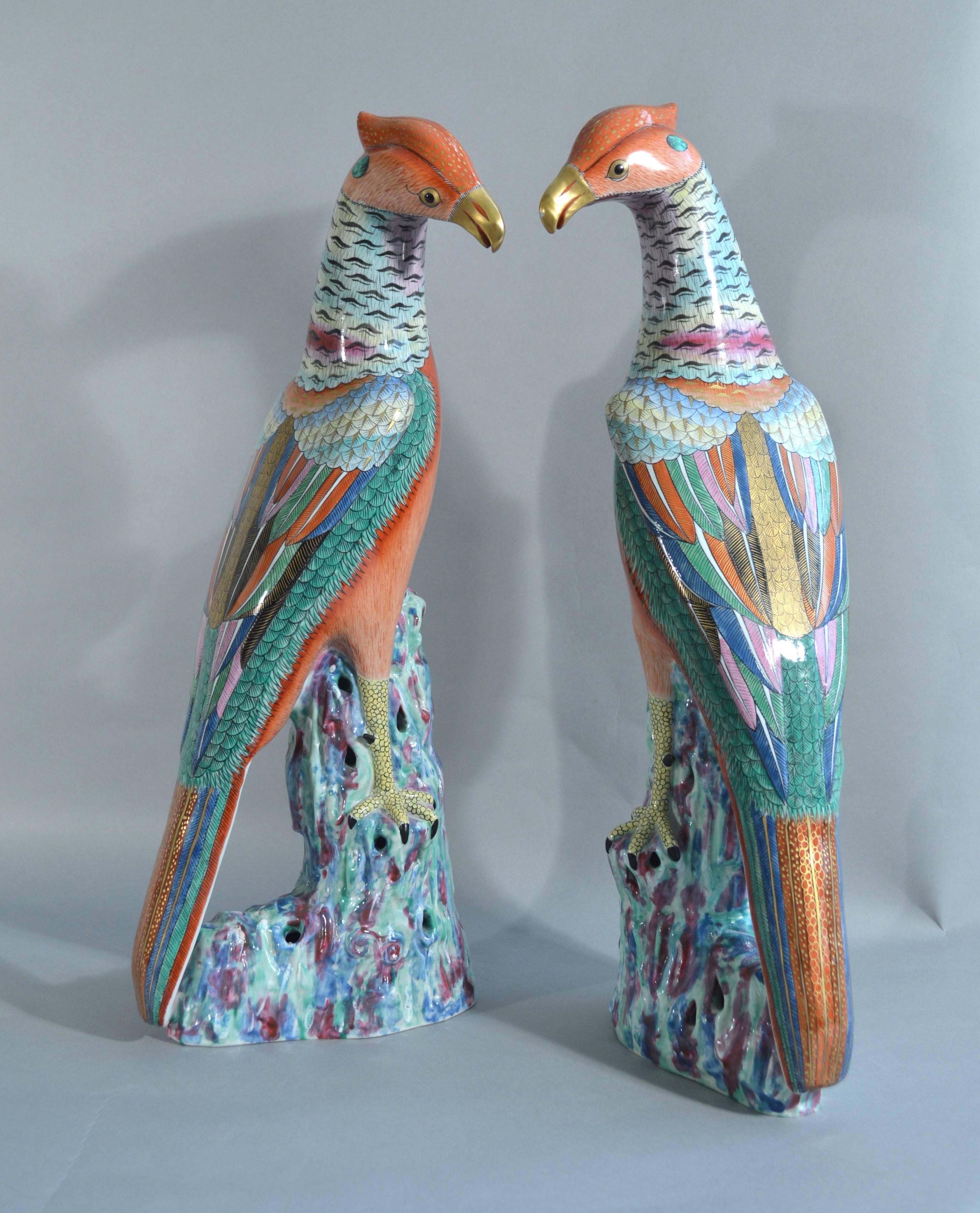 Pair of Large Chinese Export Porcelain Figures of Pheasants In Good Condition In Downingtown, PA