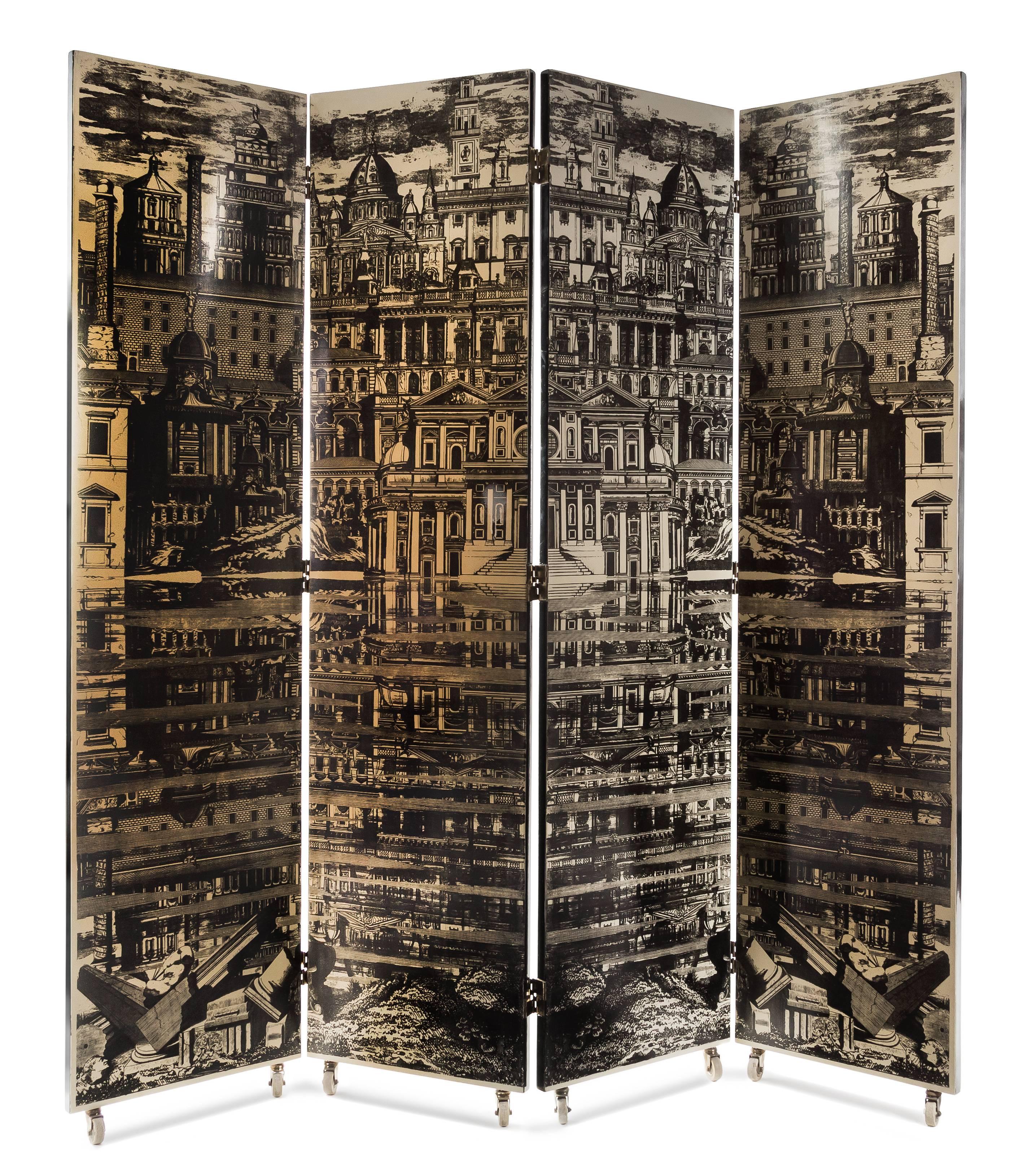 Mid-Century Modern Piero Fornasetti Four Panel Folding Screen with La Citta Riflettente and Library
