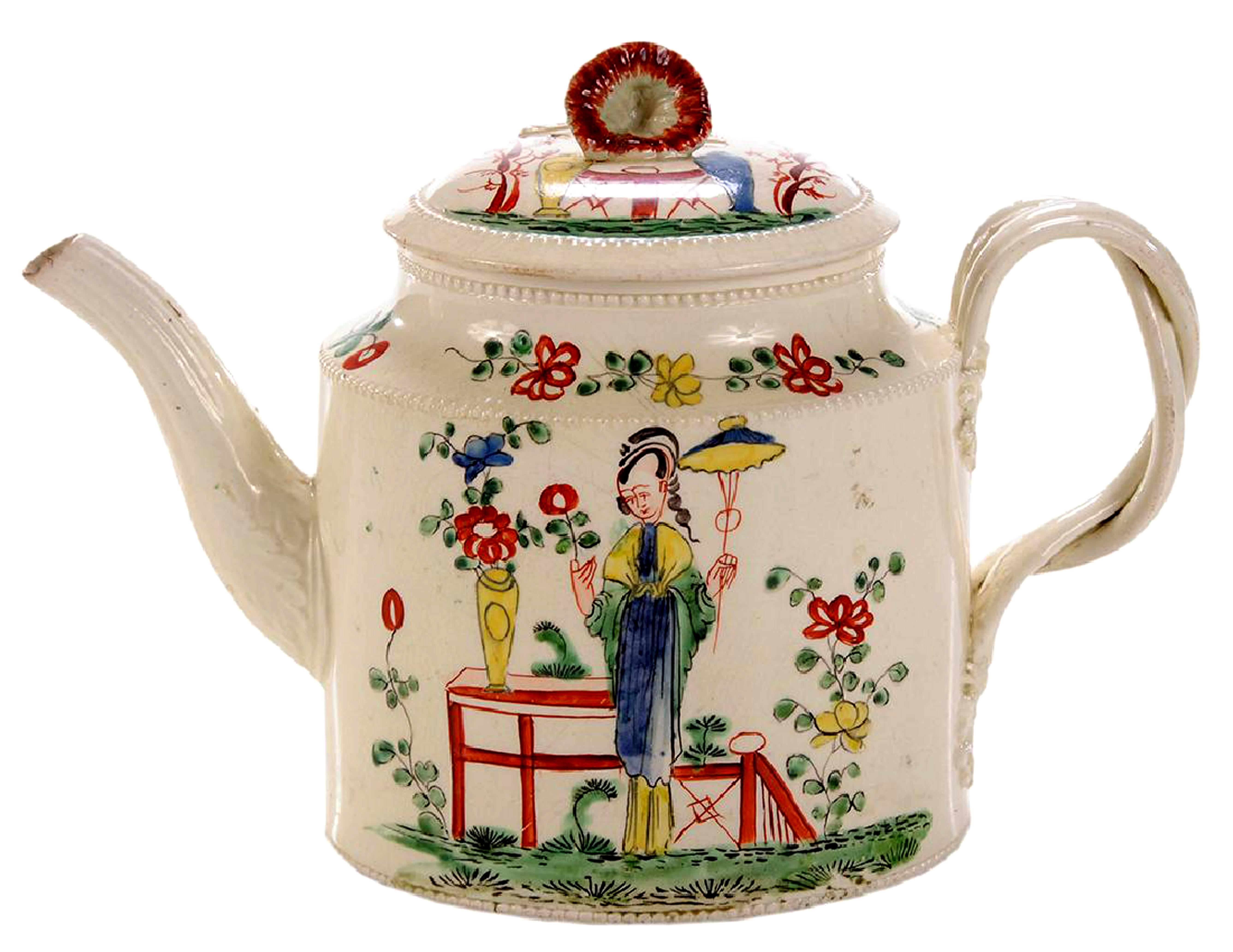 Chinoiserie creamware pottery teapot and cover, 
Melbourne, Derbyshire,
circa 1765.

A drum-shaped body with beaded edges, interlaced handle and leaf-molded spout and painted with polychrome enamels with a large Chinese figure to each side. The