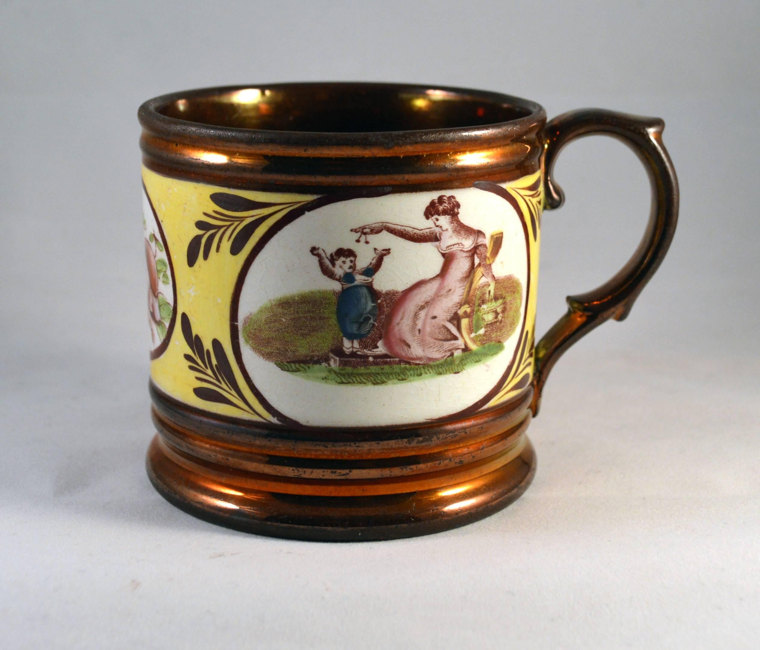 English pottery copper lustre (luster) and yellow mug with panels of Adam Buck figures and one of fruit,
Probably Enoch wood,
circa 1810-1930.

The lustre mug has reeded, moulded bands to the top border and the foot. The centre with a wide
