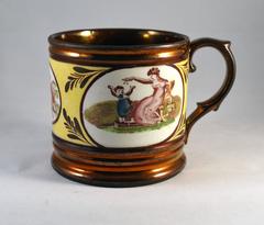 English Pottery Copper Lustre and Yellow Mug with Panels of Adam Buck Figures
