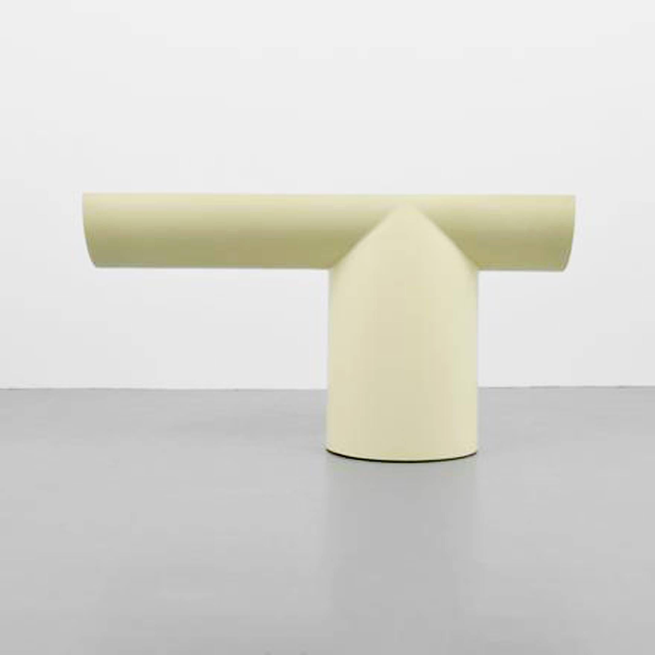 Mid-Century J Wade Beam for Brueton Tee console table.
Lacquered Fiberglass,
1970.

Mid-Century Modern sculptural cream lacquered console, sofa or hall table featuring a cantilever design. The asymmetrical design features thick tubular and half