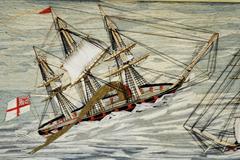 Sailor's Woolwork Woolie of Two Royal Navy Ships in Rough Seas, circa 1865-1875