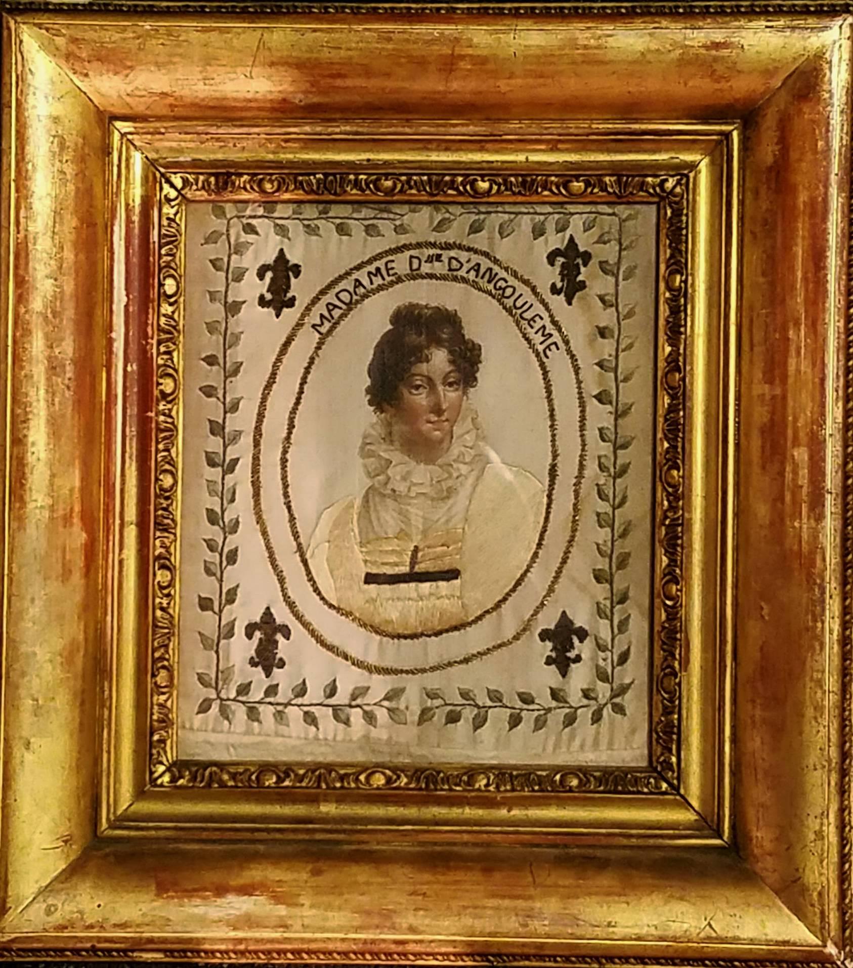 French Royal painted silk textile portrait,
Marie Thérèse of France,
Madame D' Angoulême,
Eldest daughter of Louis XVI and Marie Antoinette and only surviving child.

A painted sikwork portrait of Marie Thérèse of France who was the eldest