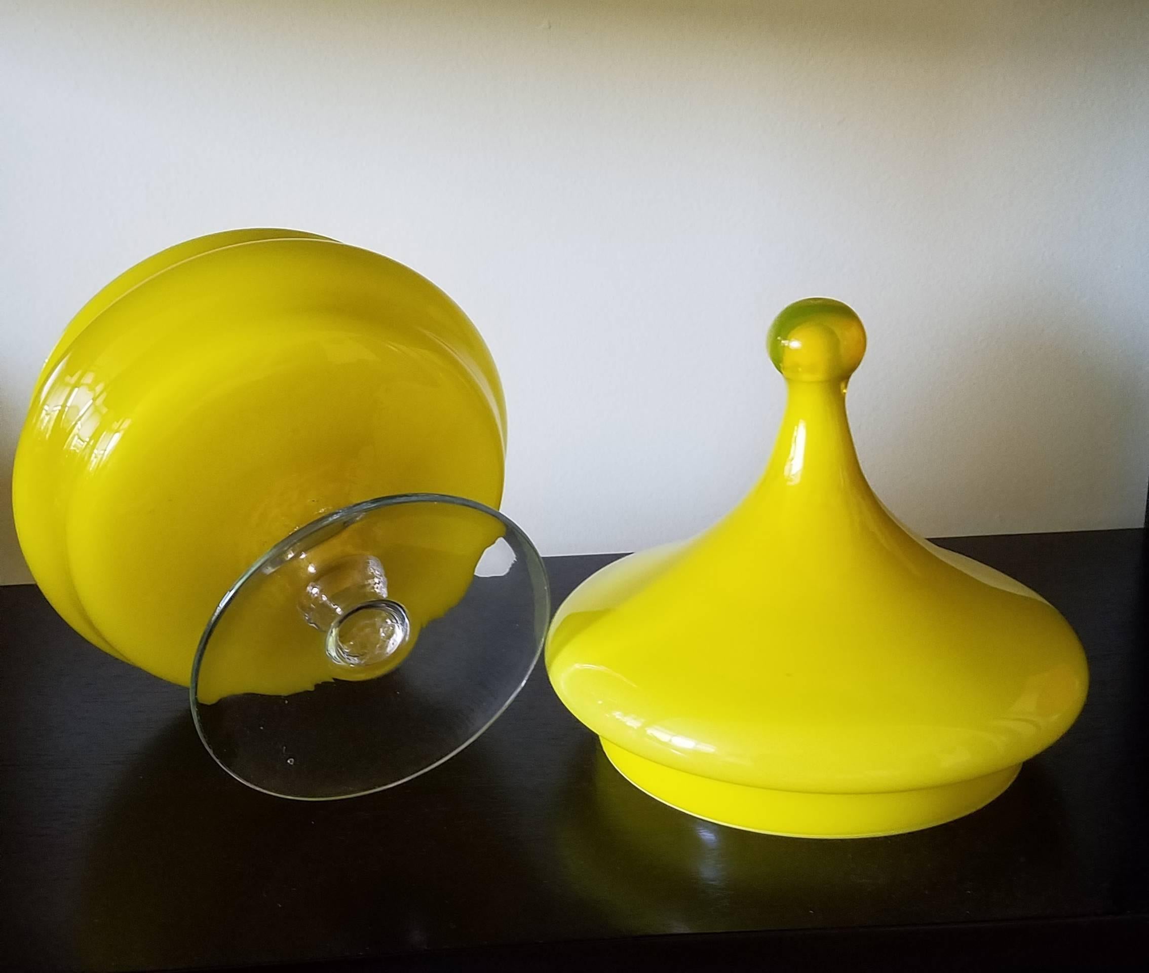 Mid-Century Modern Vintage Italian Empoli Mid-Century Glass Yellow Compote and Cover