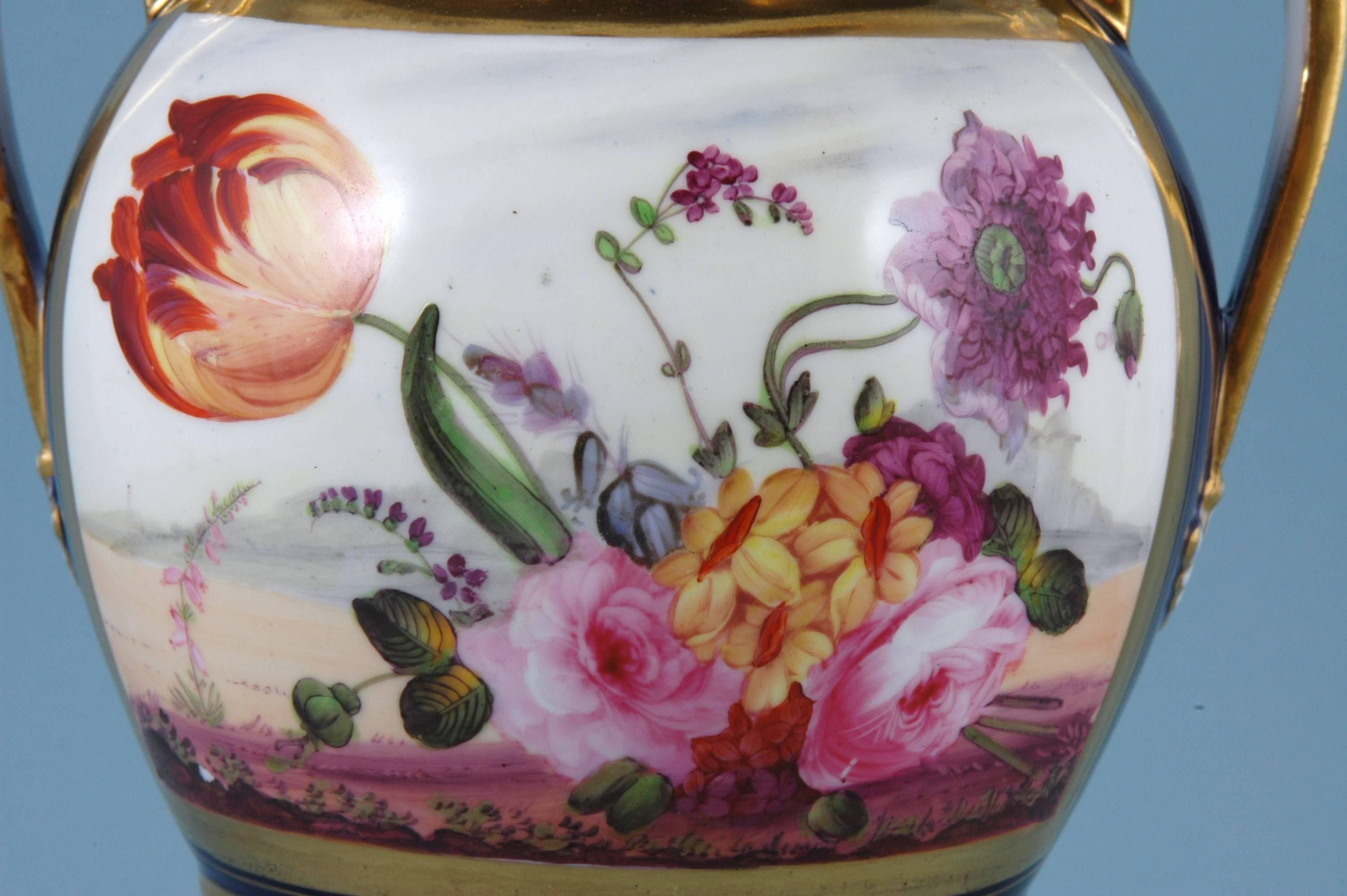 Regency English Porcelain Botanical Blue Ground Vase, Coalport, circa 1825
