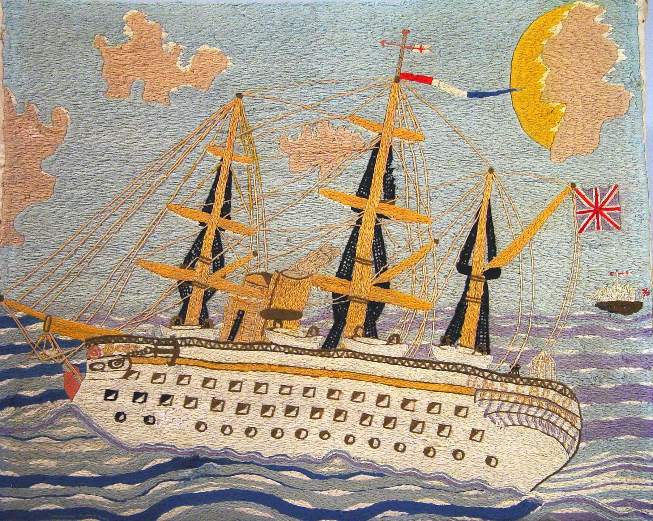 Folk Art Sailor's Large Woolwork Woolie of The Royal Navy Ship H.M.S. Crocodile, 
A Euphrates-class Troopship,
circa 1875-1890.


The large naive woolie depicts H.M.S. Crocodile steaming in rough waters. The ship is a converted sailing ship. A