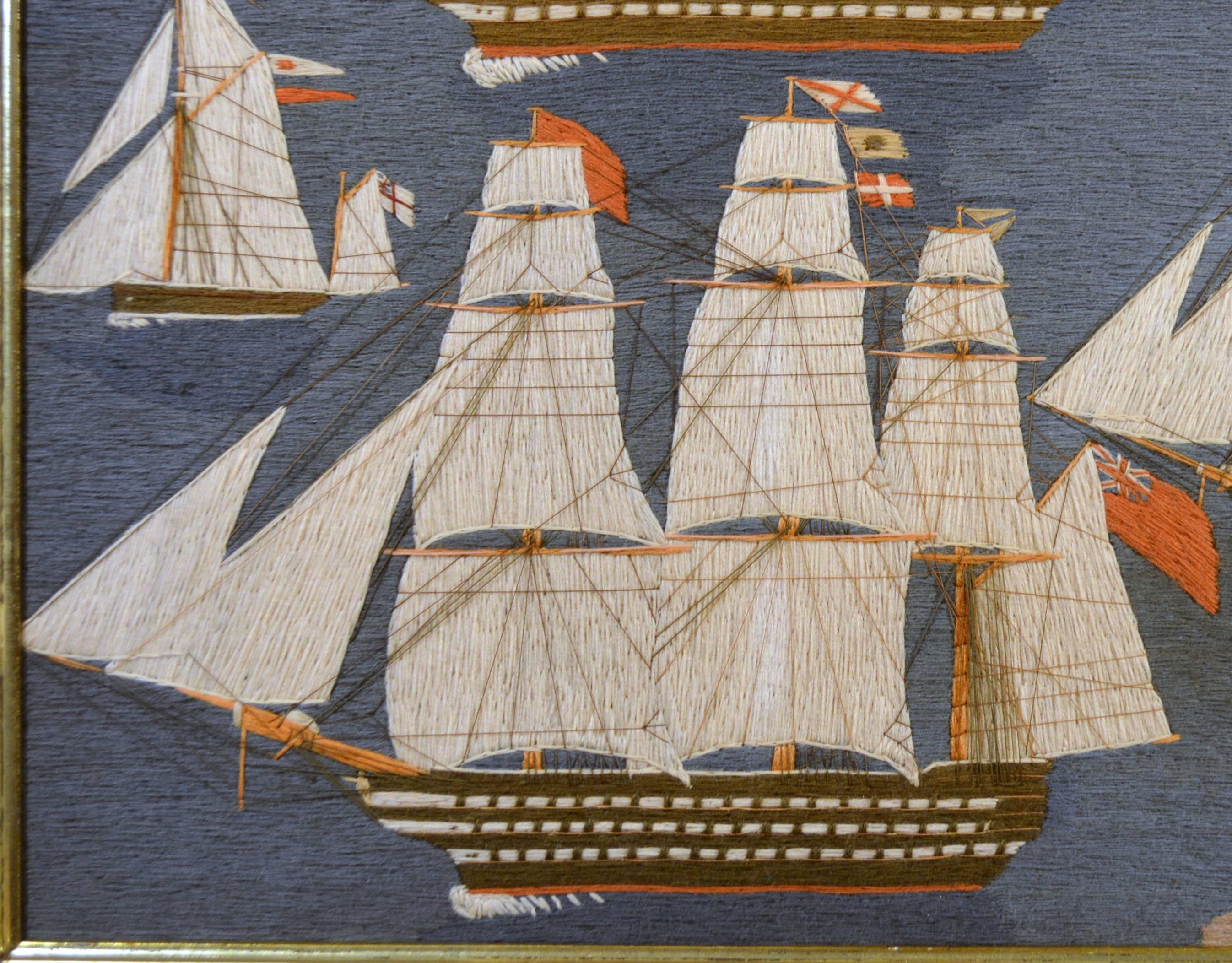 Folk Art British Sailor's Large Woolwork Woolie with Seven Royal Navy Ships