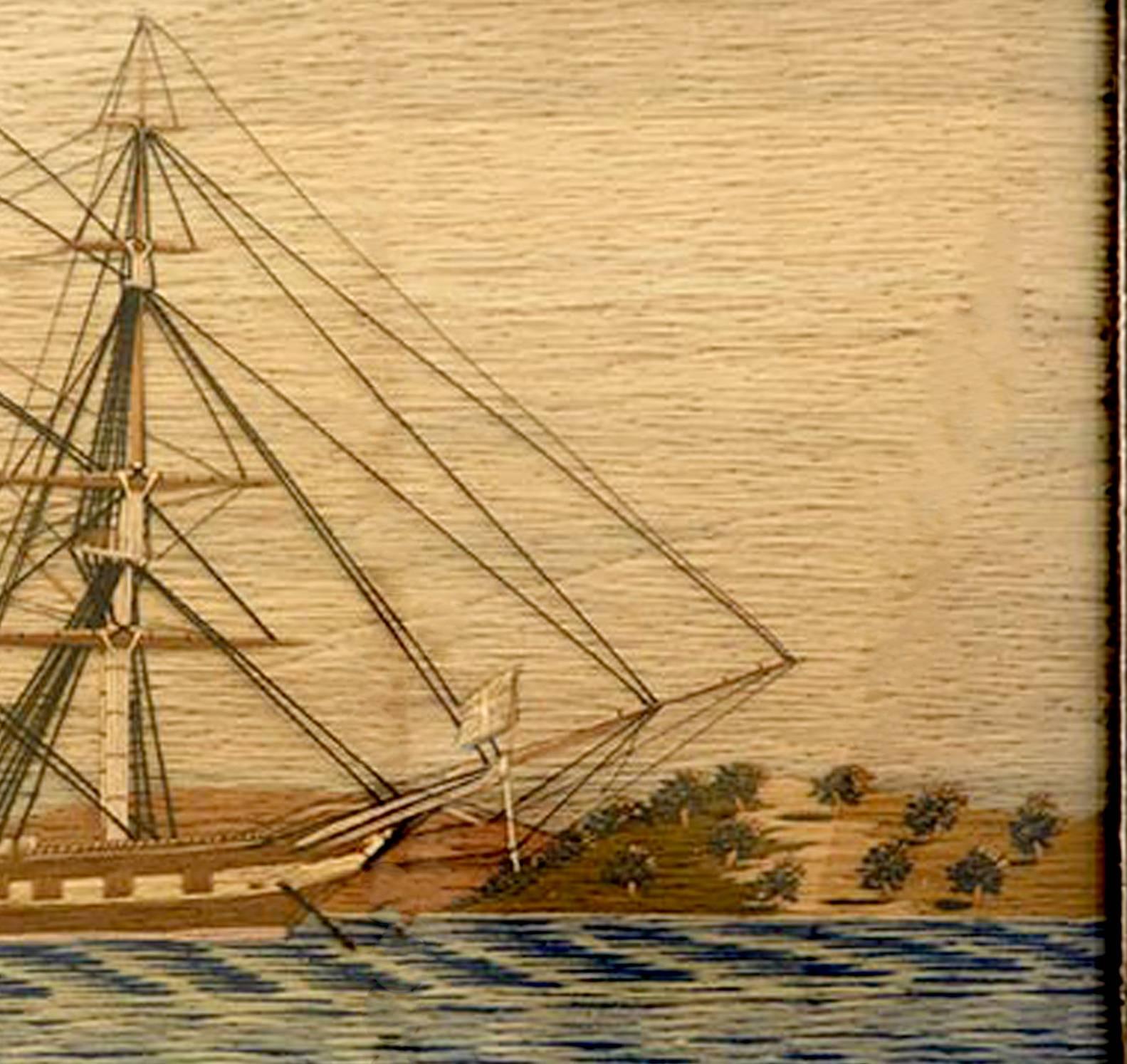 Sailor's Woolwork Picture, circa 1865.

The very well designed sailor's woolwork depicts an anchored Royal Navy frigate with land behind on a striated blue sea. The land consist of rolling hill of parkland with scattered trees, the trees with