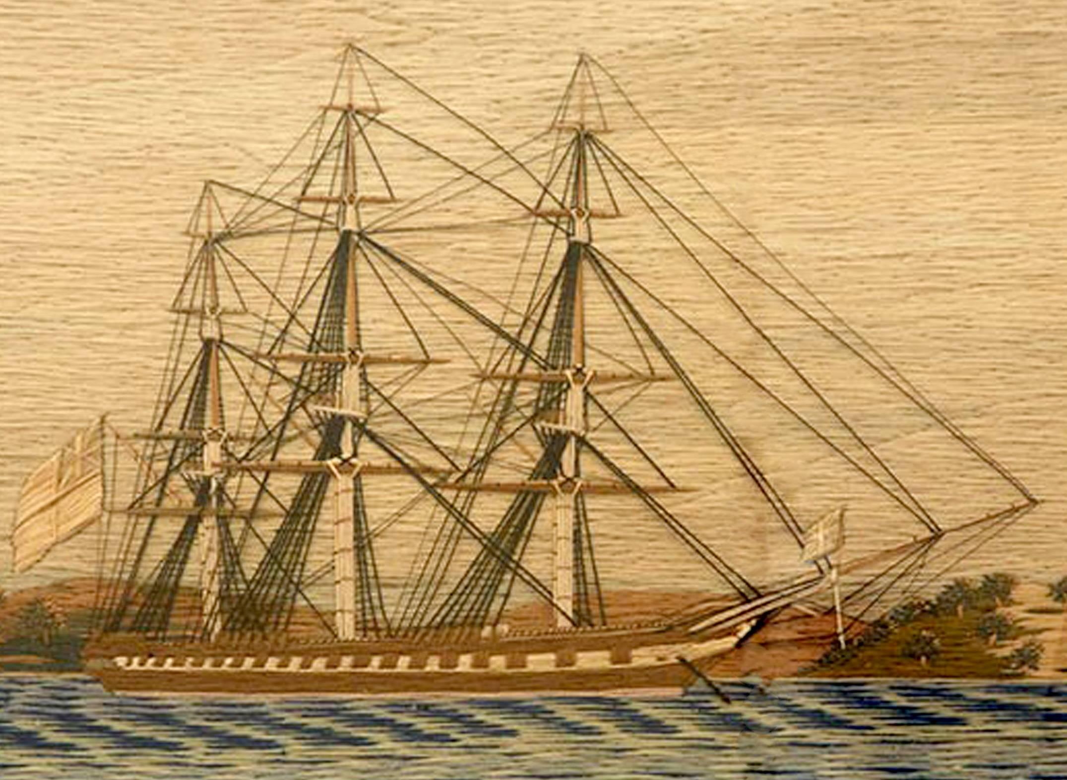 Folk Art Sailor's Woolwork Picture of Royal Navy Frigate with Land in Background