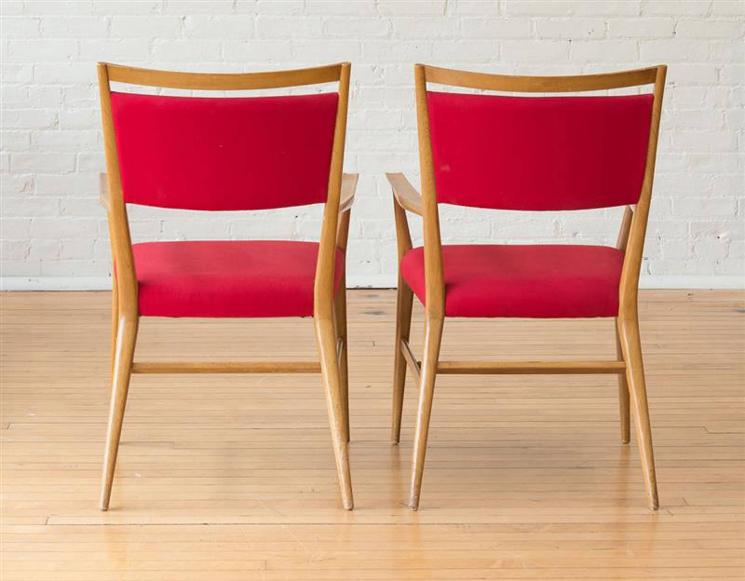 Paul McCobb pair of red upholstered armchairs,
for H. Sacks & Sons, Brookline, Mass.
1950s.
A pair- there is a second pair available

These chairs have a wonderful elegant line and style. They are remarkably comfortable too.

McCobb came to