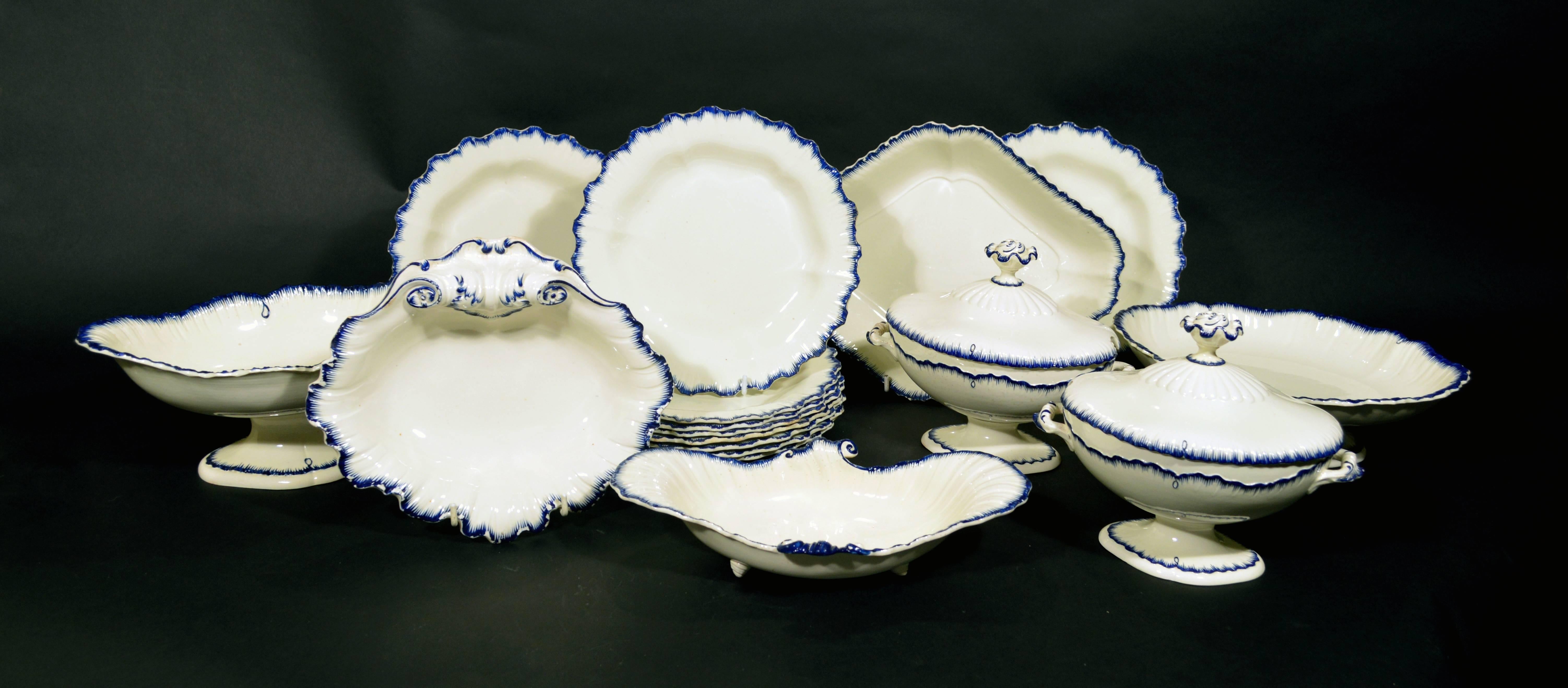 18th Century and Earlier English Pottery Creamware Blue Enamel Shell-Edge Dessert Service
