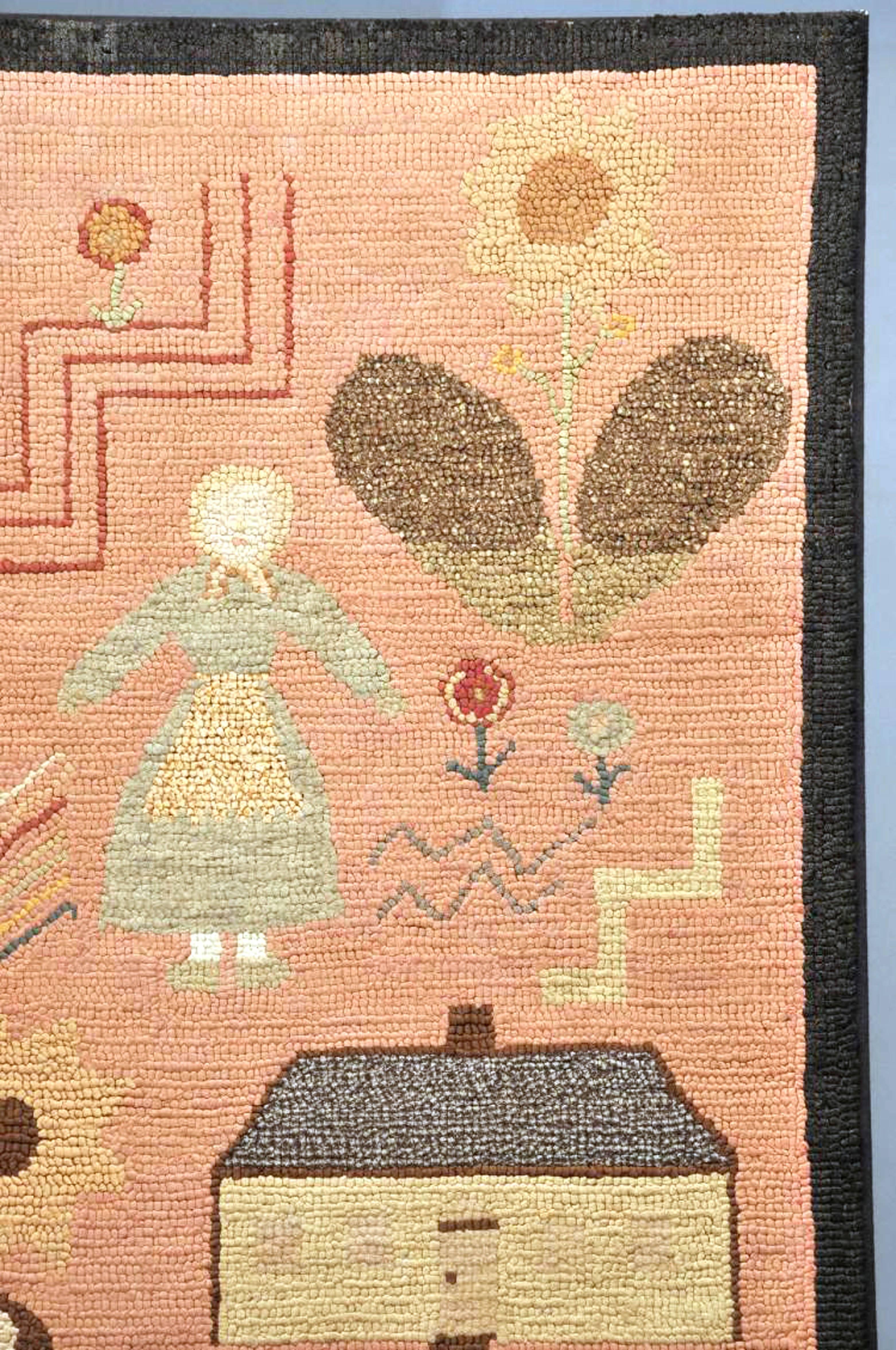 American Folk Art Pictorial Hooked Rug, Mounted on Stretcher, Late 19th Century 2