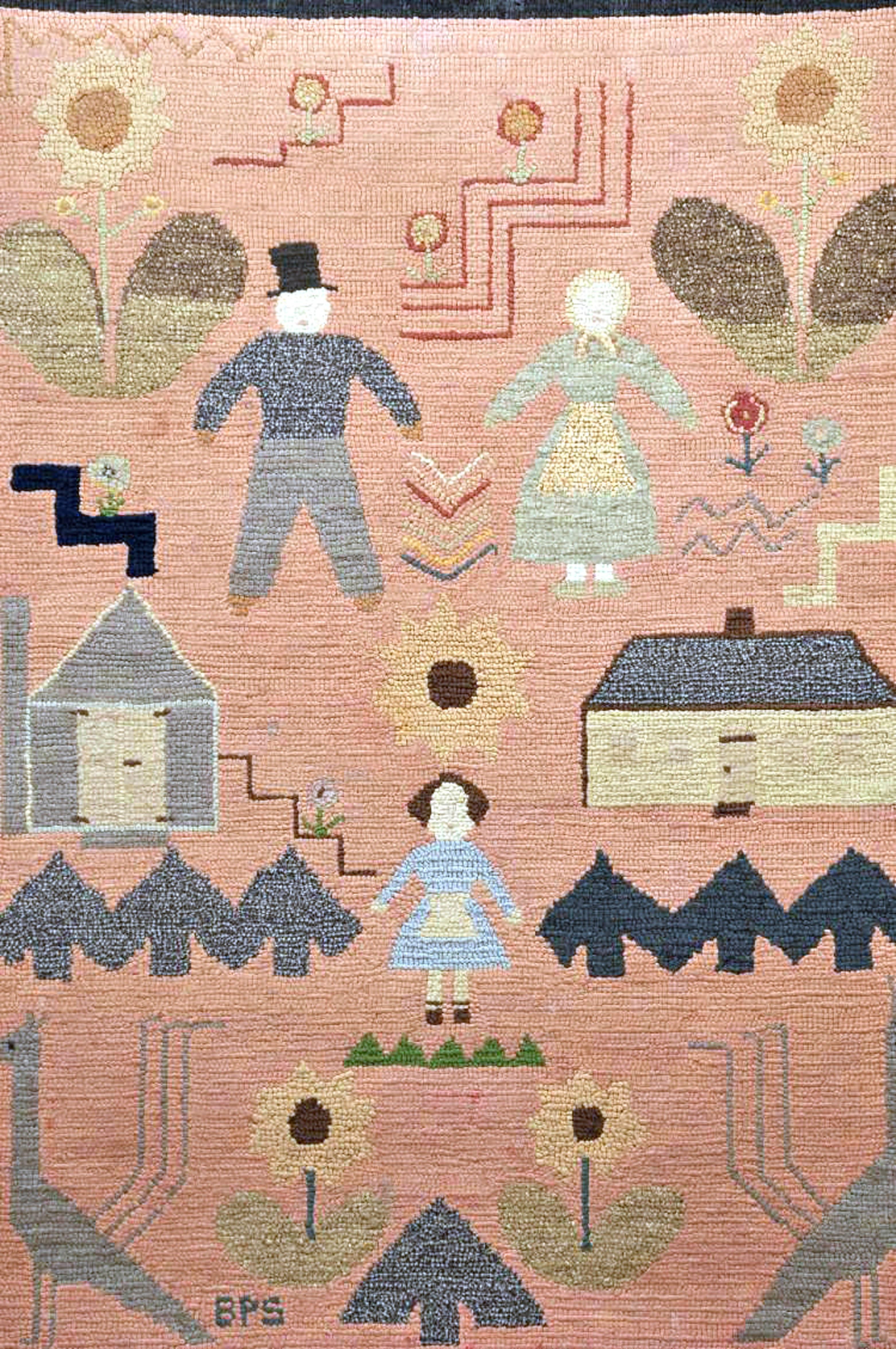 American Folk Art Pictorial Hooked Rug, Mounted on Stretcher, Late 19th Century 3