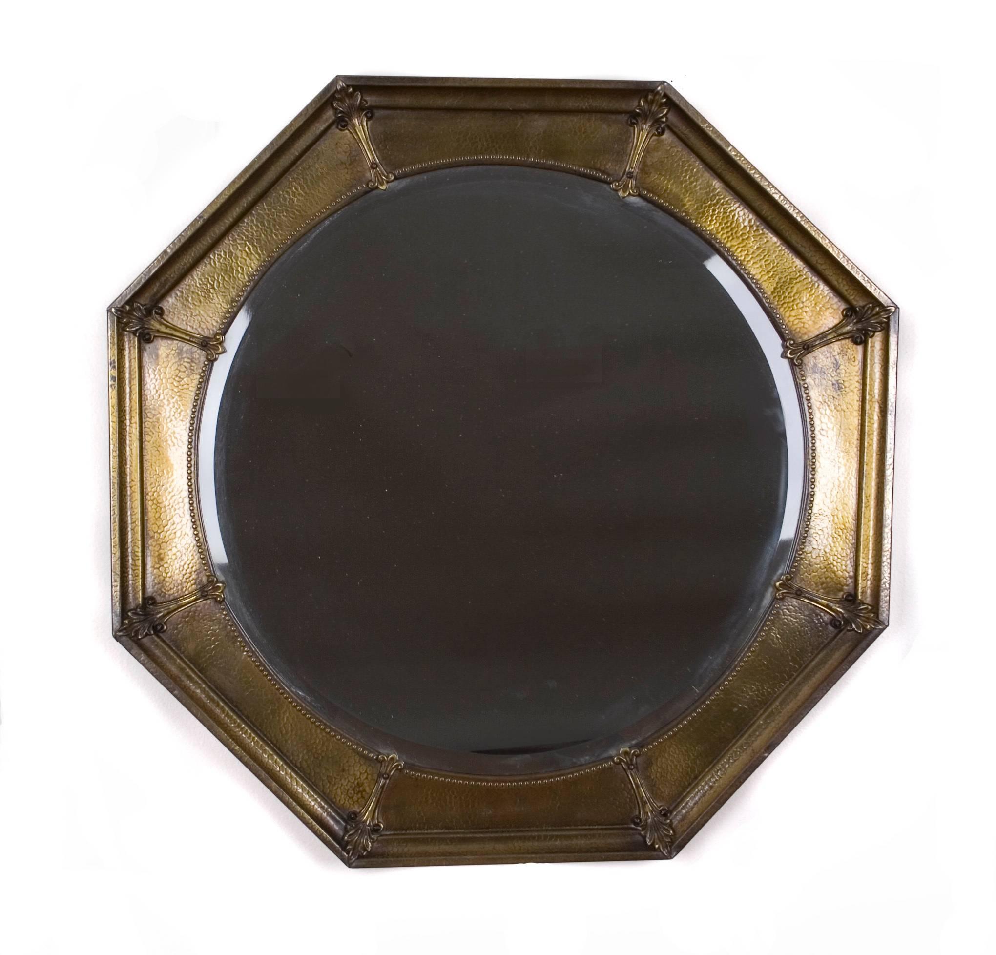 Italian Octagonal Hammered Brass Wall Mirror, Early 20th Century For Sale