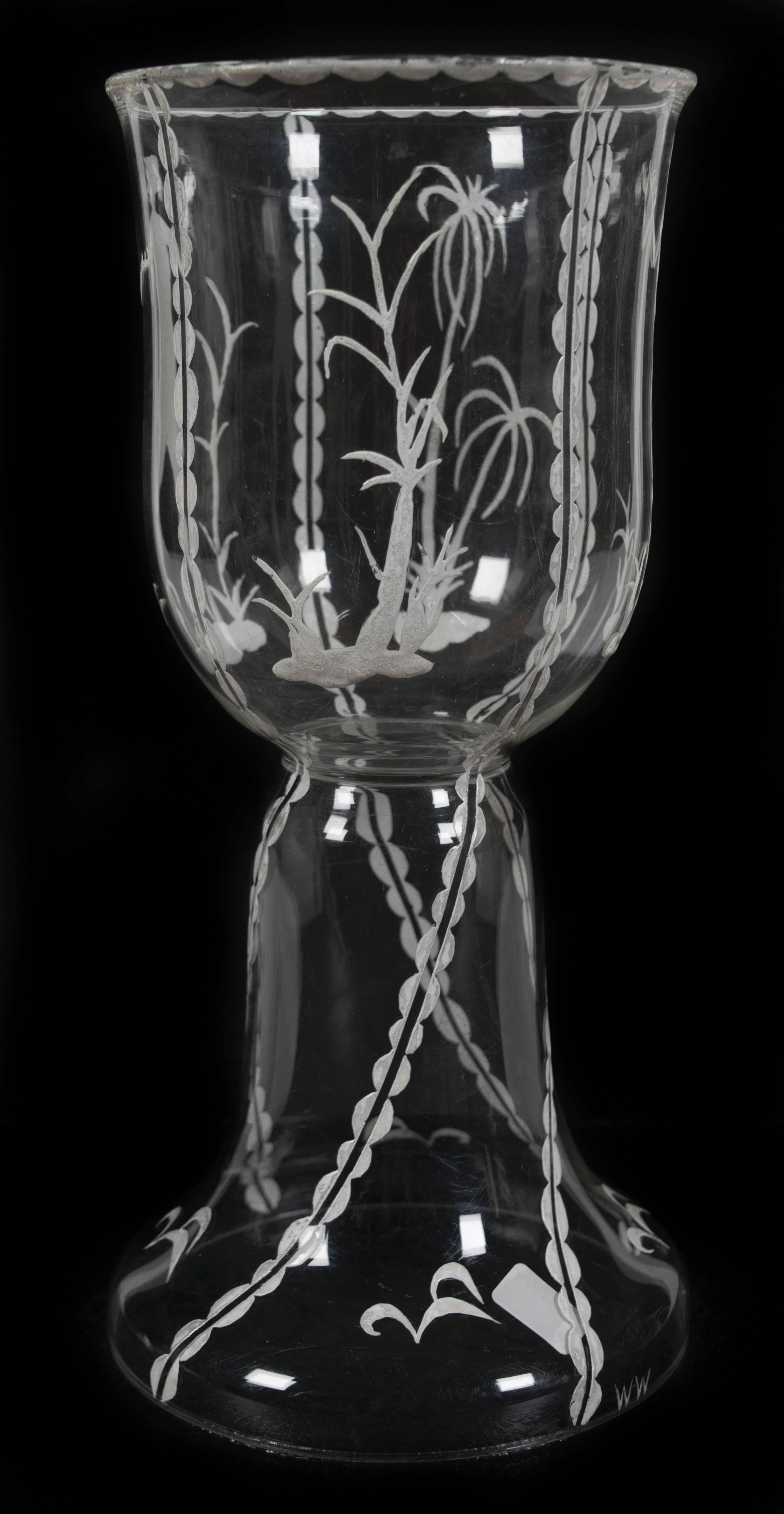An etched glass "pokal" cup designed by Dagobert Peche and Mathilde Flogl and produced by the Wiener Werkstatte, Vienna, circa 1920.

Peche (1887-1923) joined the Wiener Werkstatte as artistic director in 1915. He is credited for