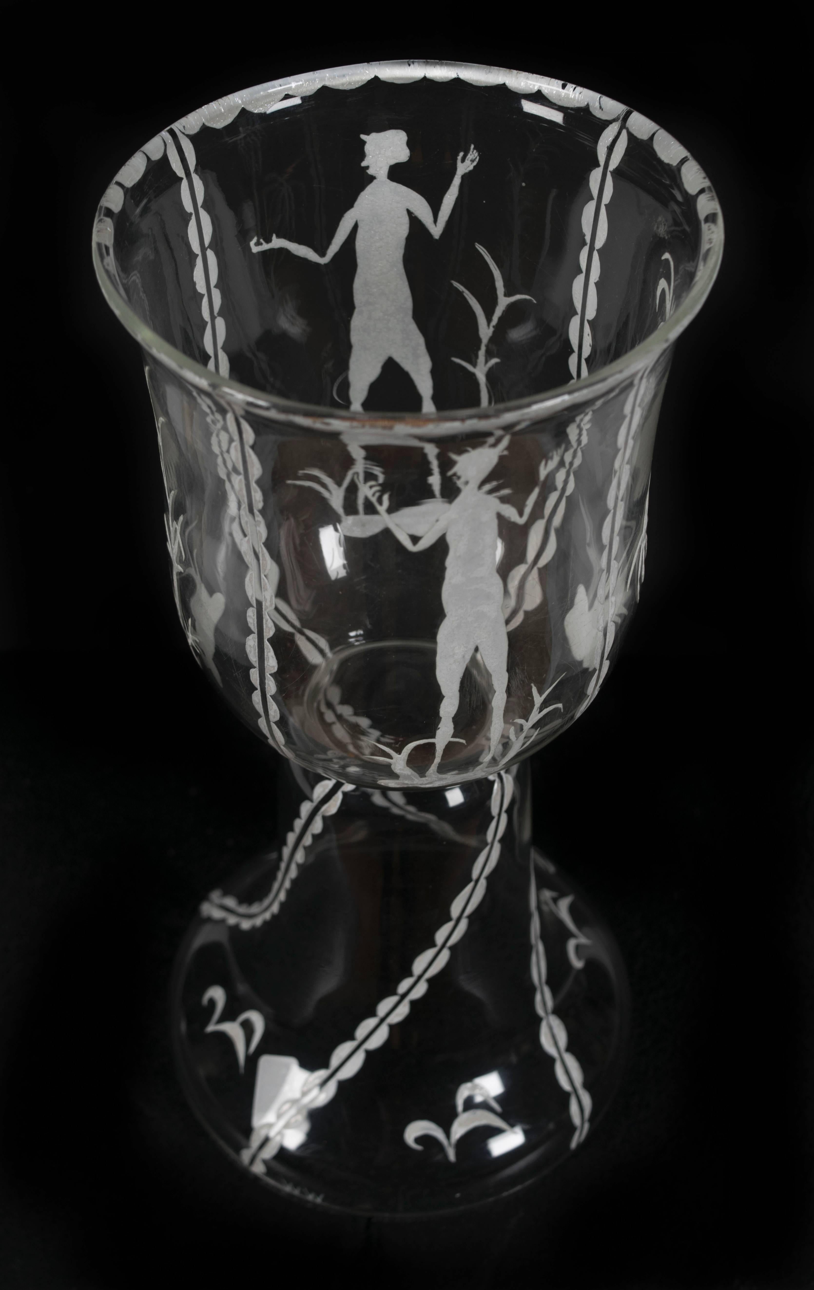 Vienna Secession Wiener Werkstätte Etched Glass Cup by Dagobert Peche and Mathilde Flogl, 1920s For Sale