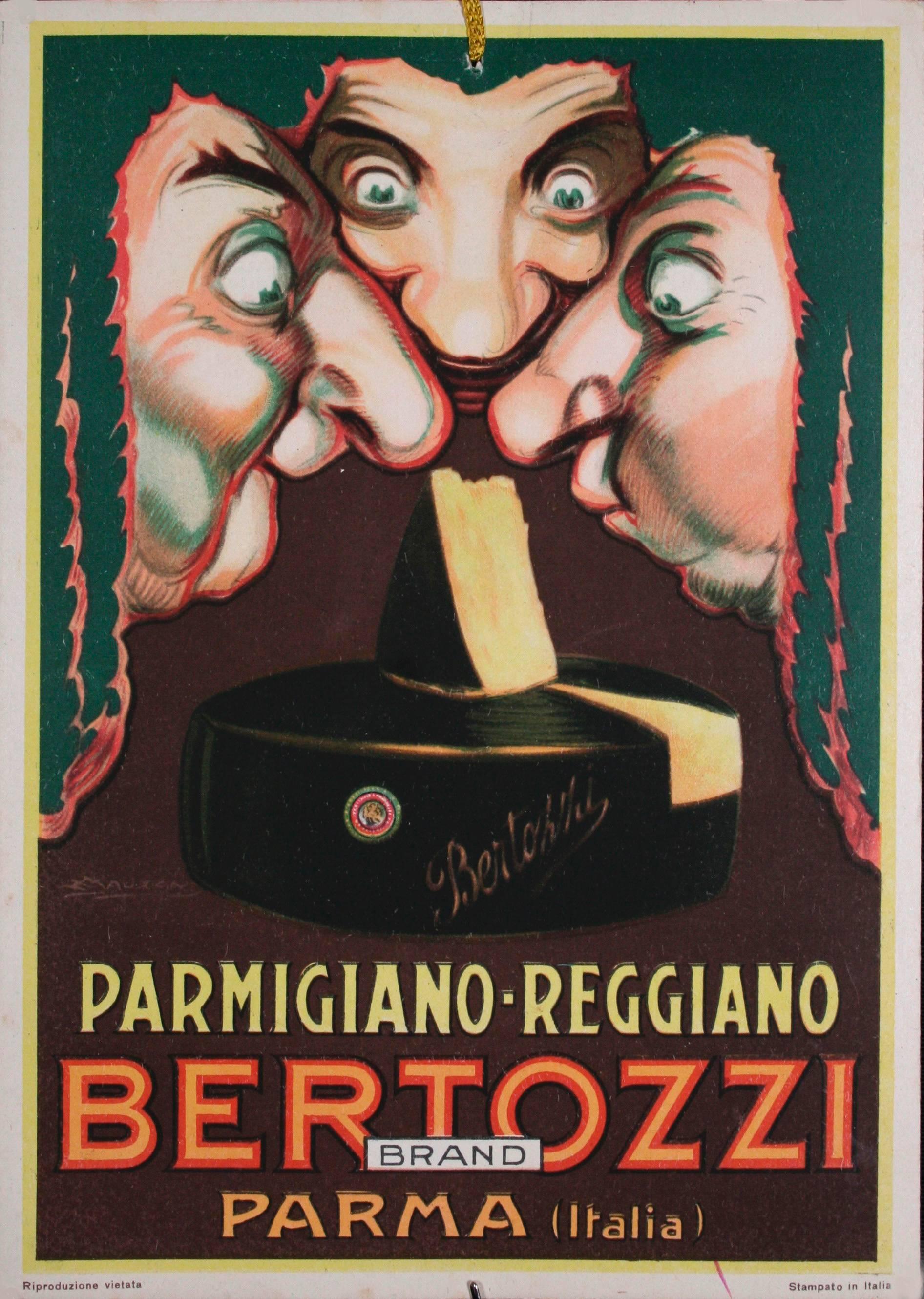 An Italian Art Deco period "carton" poster (carton being a small scale heavy stock poster meant to hang in store windows, above cash registers, etc.) Mauzan's advertisement for Bertozzi parmesan cheese (often referred to simply as