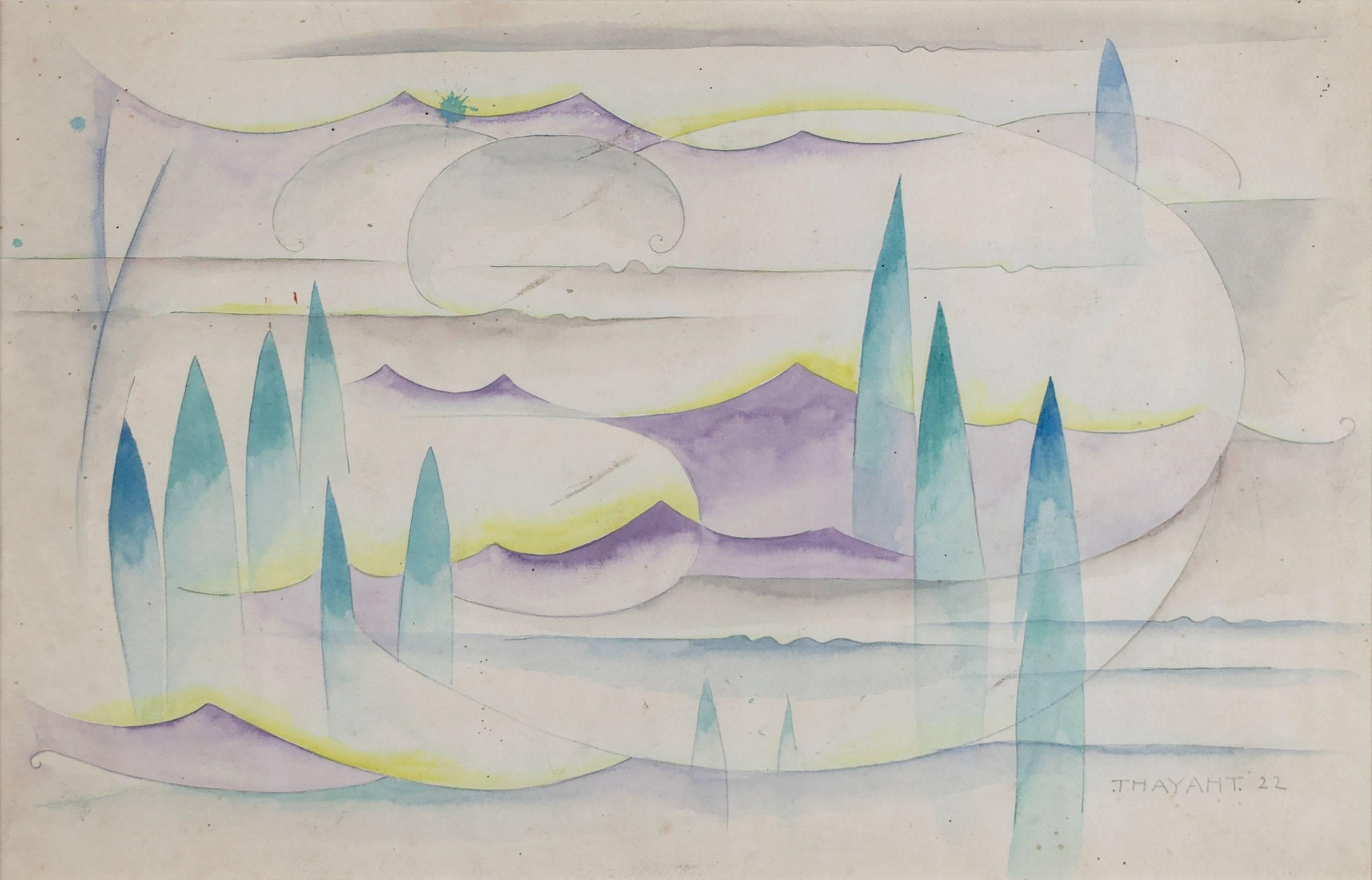 An Italian Futurist period watercolor landscape by Ernesto Micaelles (Thayaht), 1922. Signed and dated lower right.

Futurism was an artistic and social movement that originated in Italy in the early 20th Century. It glorified modernity and aimed to