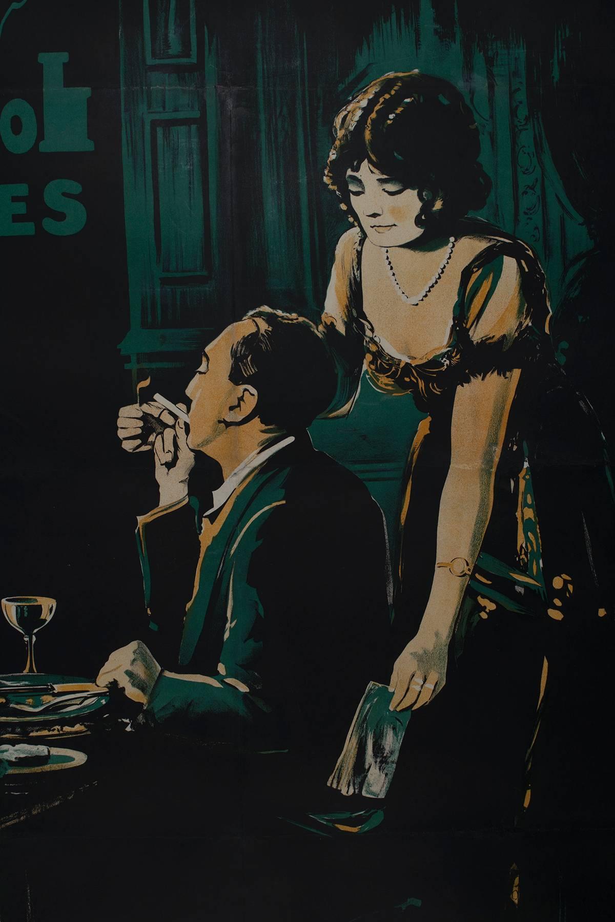 A large (two sheet) British movie poster by Dick Baker, 1921. This is an advertisement for "Delilah," directed by Fred Paul and based on the "Grand Guignol Series" written by C.E. Dering. Not much is known about the film;