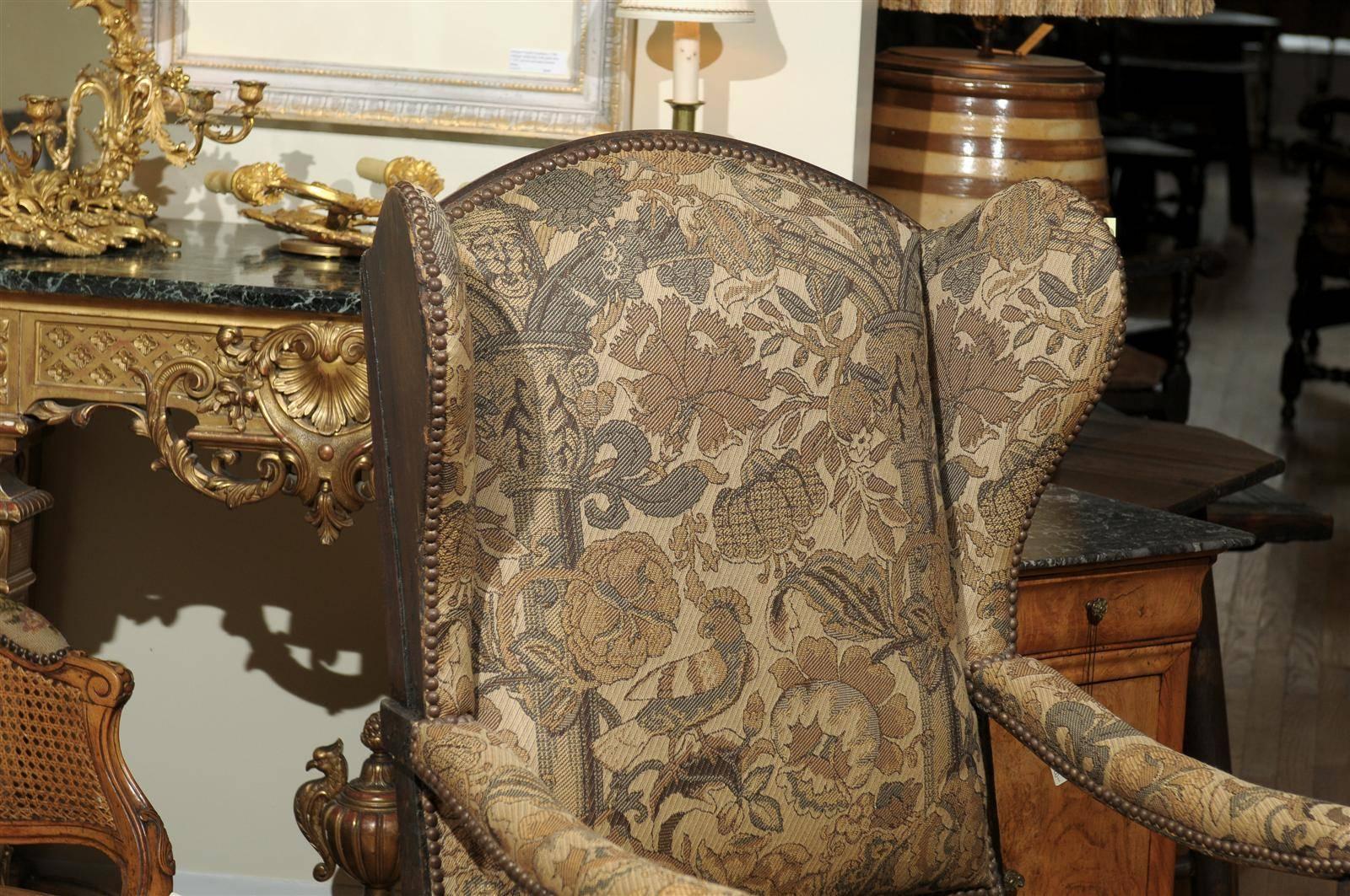 Hand-Carved 18th Century English Upholstered Wingback Chair