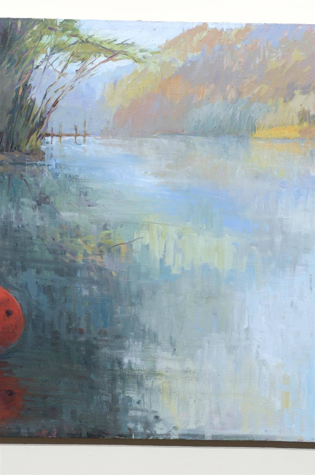 American Original Oil Painting, Red Buoy on the Lake For Sale