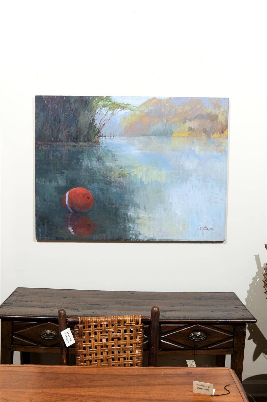 American Classical Original Oil Painting, Red Buoy on the Lake For Sale