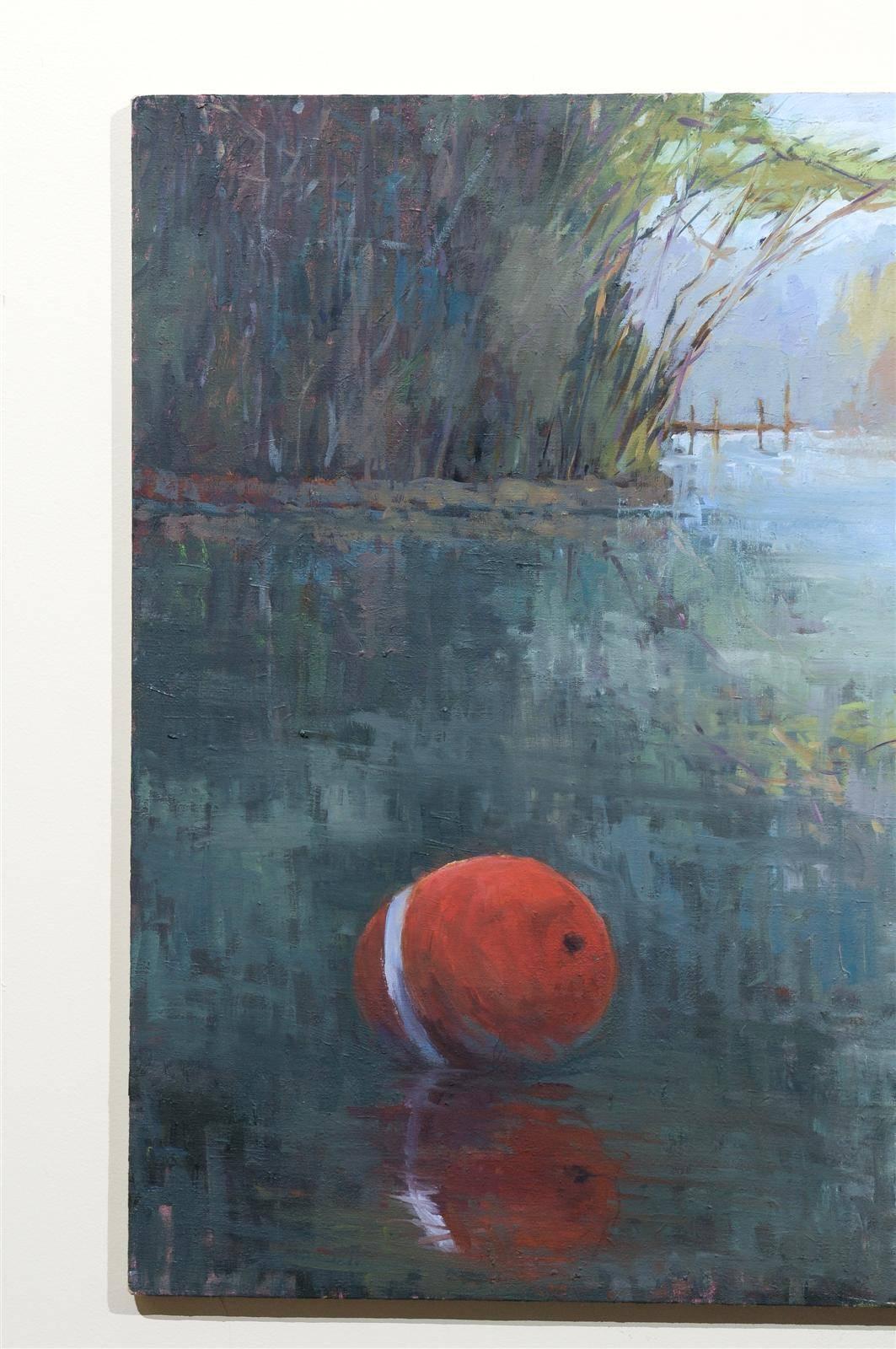 Original Oil Painting, Red Buoy on the Lake In Excellent Condition For Sale In Atlanta, GA