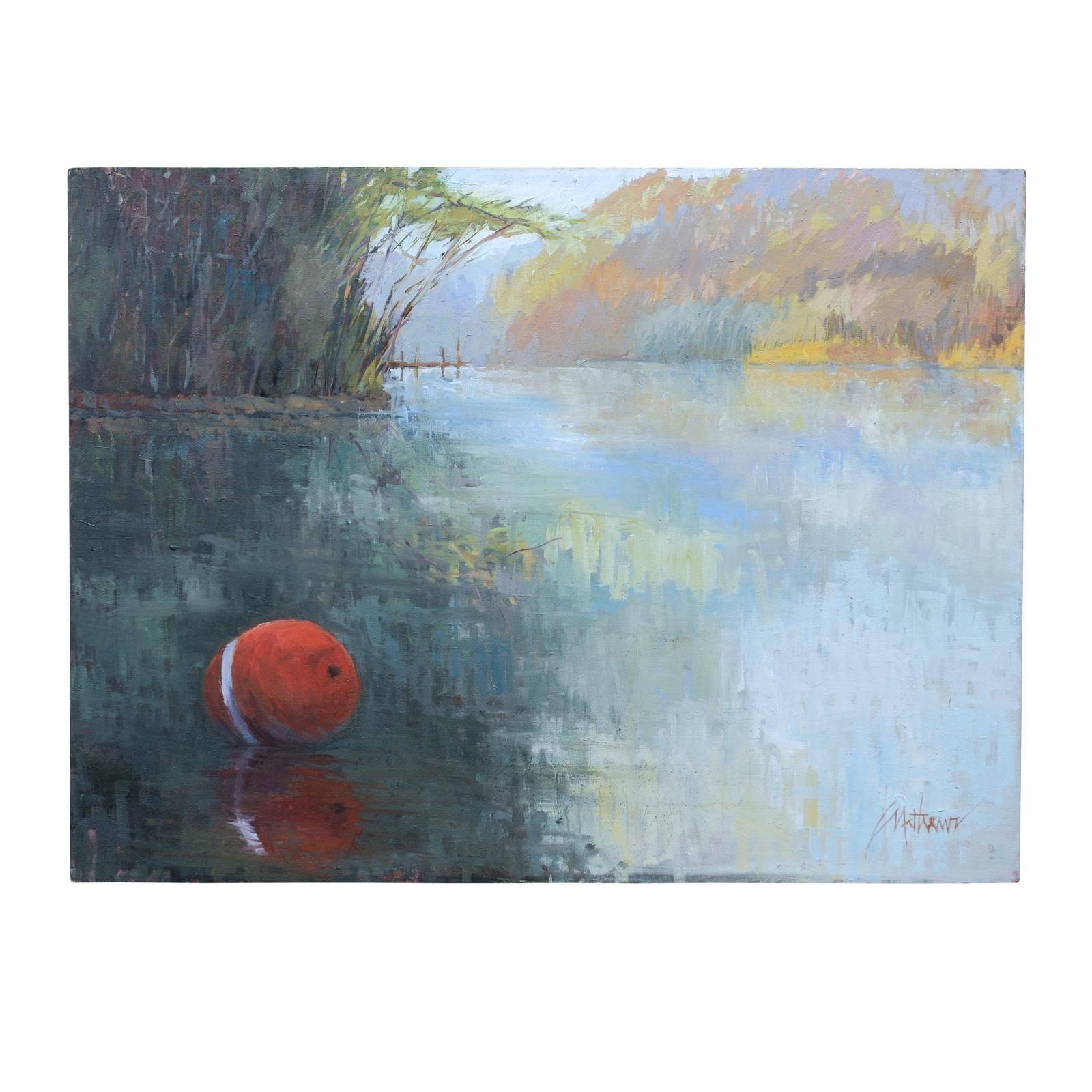 Original Oil Painting, Red Buoy on the Lake For Sale