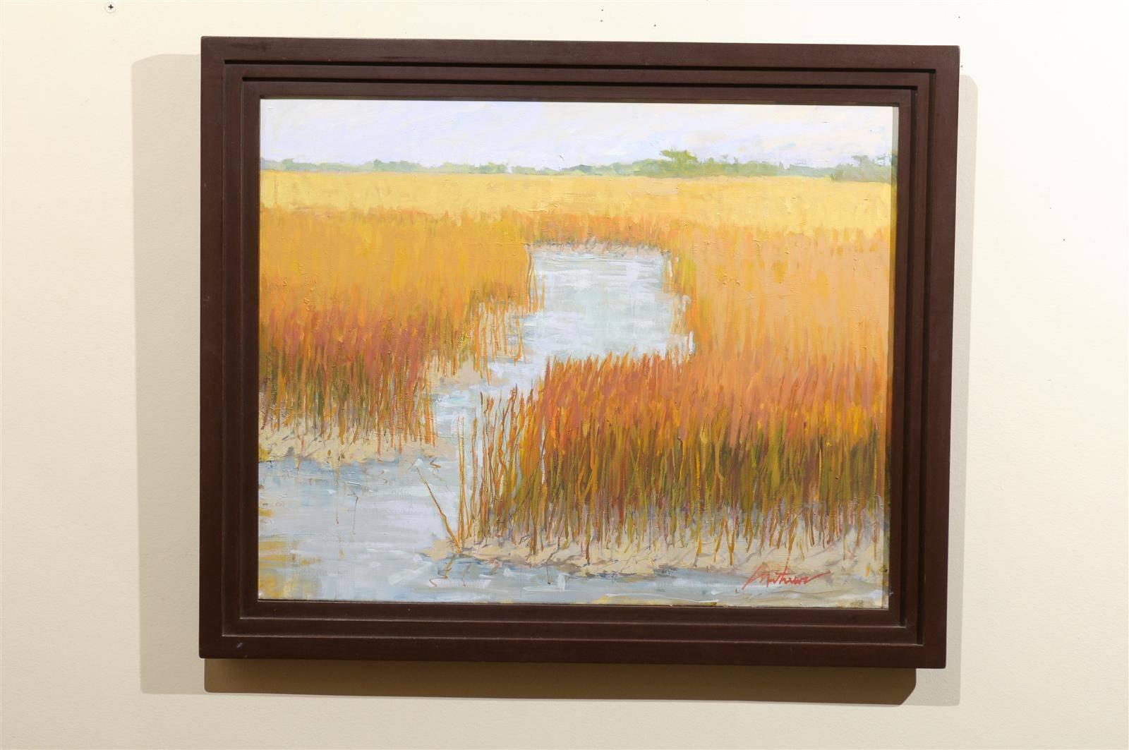 This beautiful oil painting is of the marshes of Sea Island and St Simmons in Glynn County. Georgia artist Libby Mathews shows the spirit of the landscape she is painting through their reflections, illuminations and shadows.