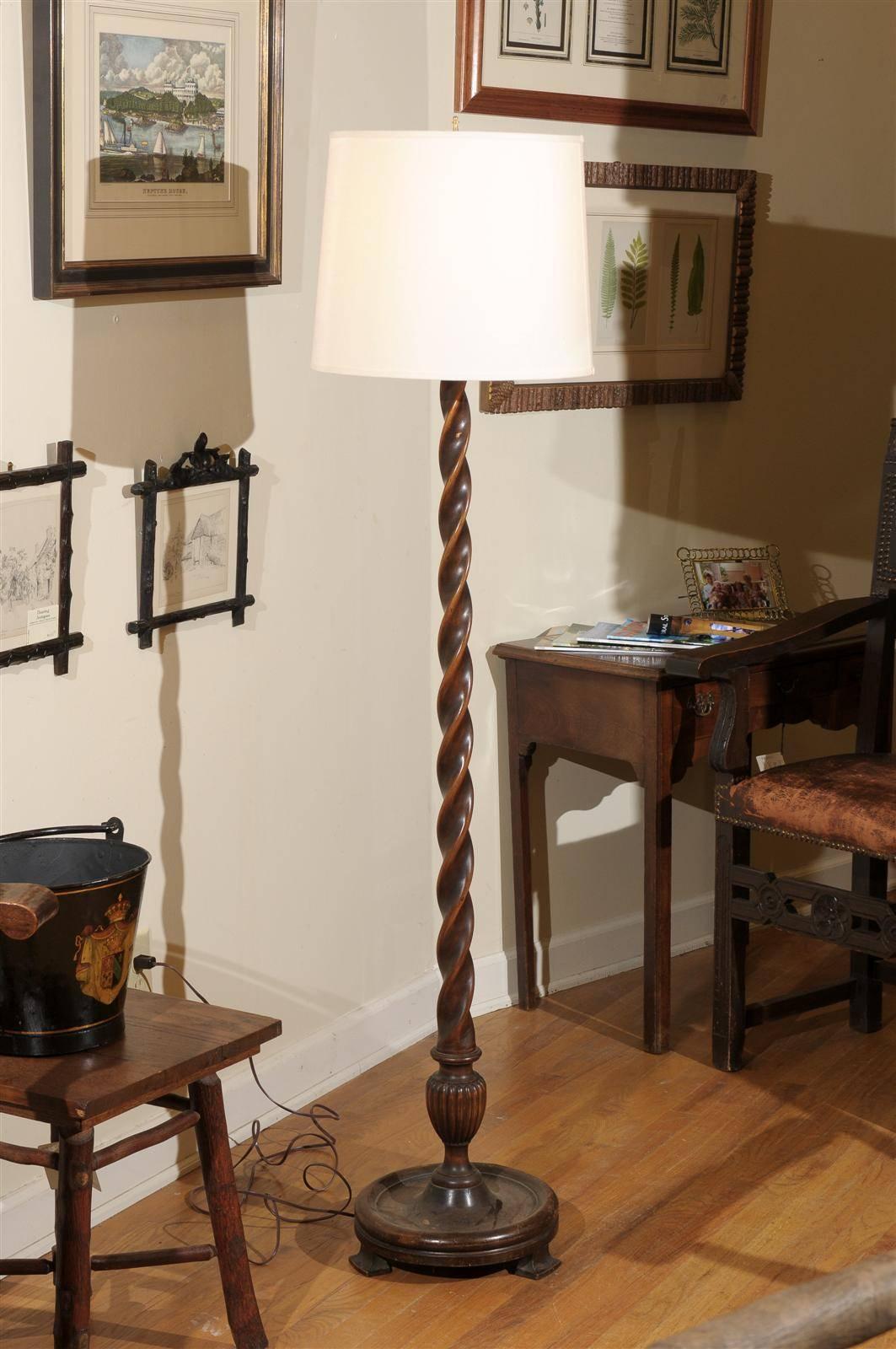 This classic, Barley twist floor lamp has wonderful turned features. The lamp has been rewired using American code wiring.